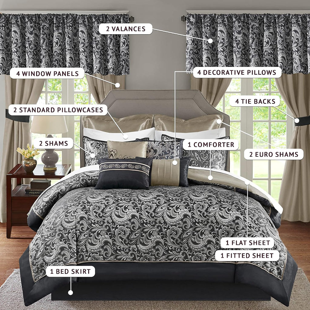Madison Park Essentials Brystol 24 Piece Room in a Bag Faux Silk Comforter Jacquard Paisley Design Matching Curtains Down Alternative All Season Bedding-Set, Queen(90 in x 90 in), Black 24 Piece