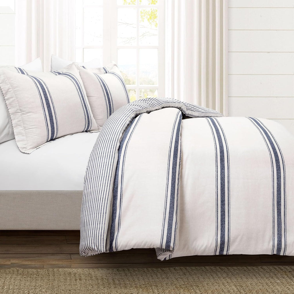 Lush Decor Farmhouse Stripe Reversible Cotton Duvet Cover King Size 3 Piece Set Navy - Farmhouse Bedding Set King - Striped Duvet Cover