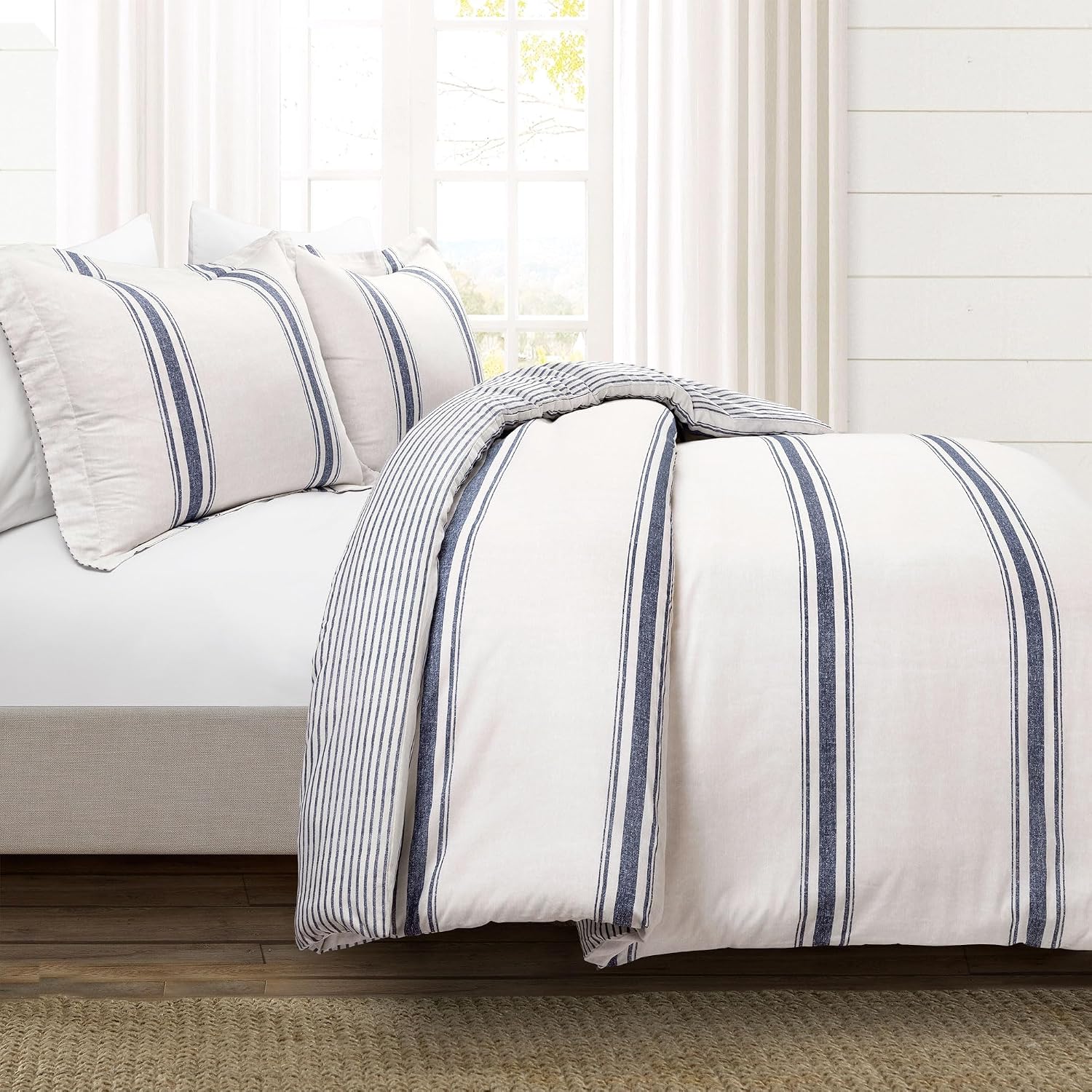 Lush Decor Farmhouse Stripe Reversible Cotton Duvet Cover King Size 3 Piece Set Navy - Farmhouse Bedding Set King - Striped Duvet Cover