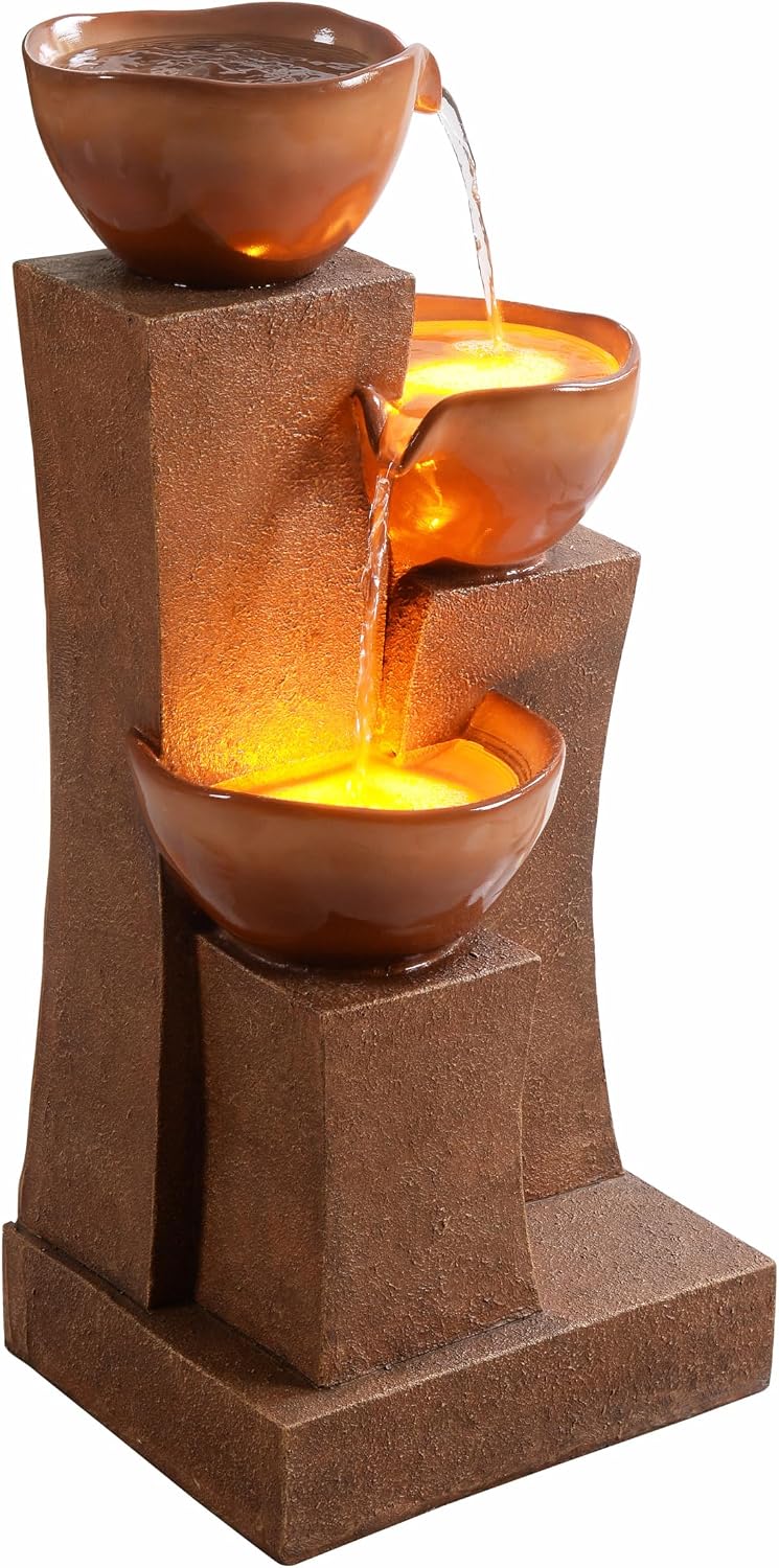Teamson Home 28.54 in. 3-Tier Cascading Outdoor Water Fountain with LED Lights for Gardens, Landscaping, Patios, Balconies, Lawns, Brown
