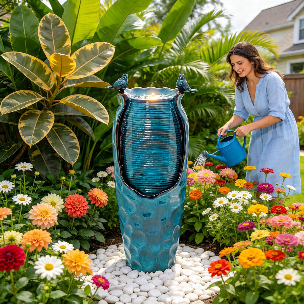 32.5' H Ceramic Jar Outdoor Fountain, Honeycomb Pot Water Feature with LED Lights, Soothing Trickling Waterfall for Garden, Patio, Yard, Balcony Oasis, KD Vivid Birds, Turquoise Glaze