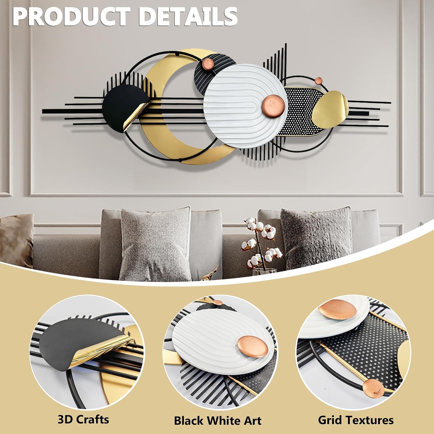 Metal Wall Art, Black and White Gold Wall Sculptures, Minimalist Geometric Decor, 3D Large 59'*21' Wall Art for Living Room Bedroom Bathroom Study Modern Wall Decor, Home Hanging Wall Sculpture