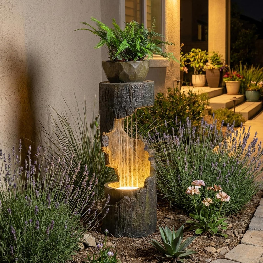 Outdoor Fountain Garden - Patio Waterfall Fountain with Lights, Rustic Wood-Style Cascading Waterfall with Planter Bird Feeder, Resin Water Feature for Deck, Patio, Backyard or Porch, 33.9' H