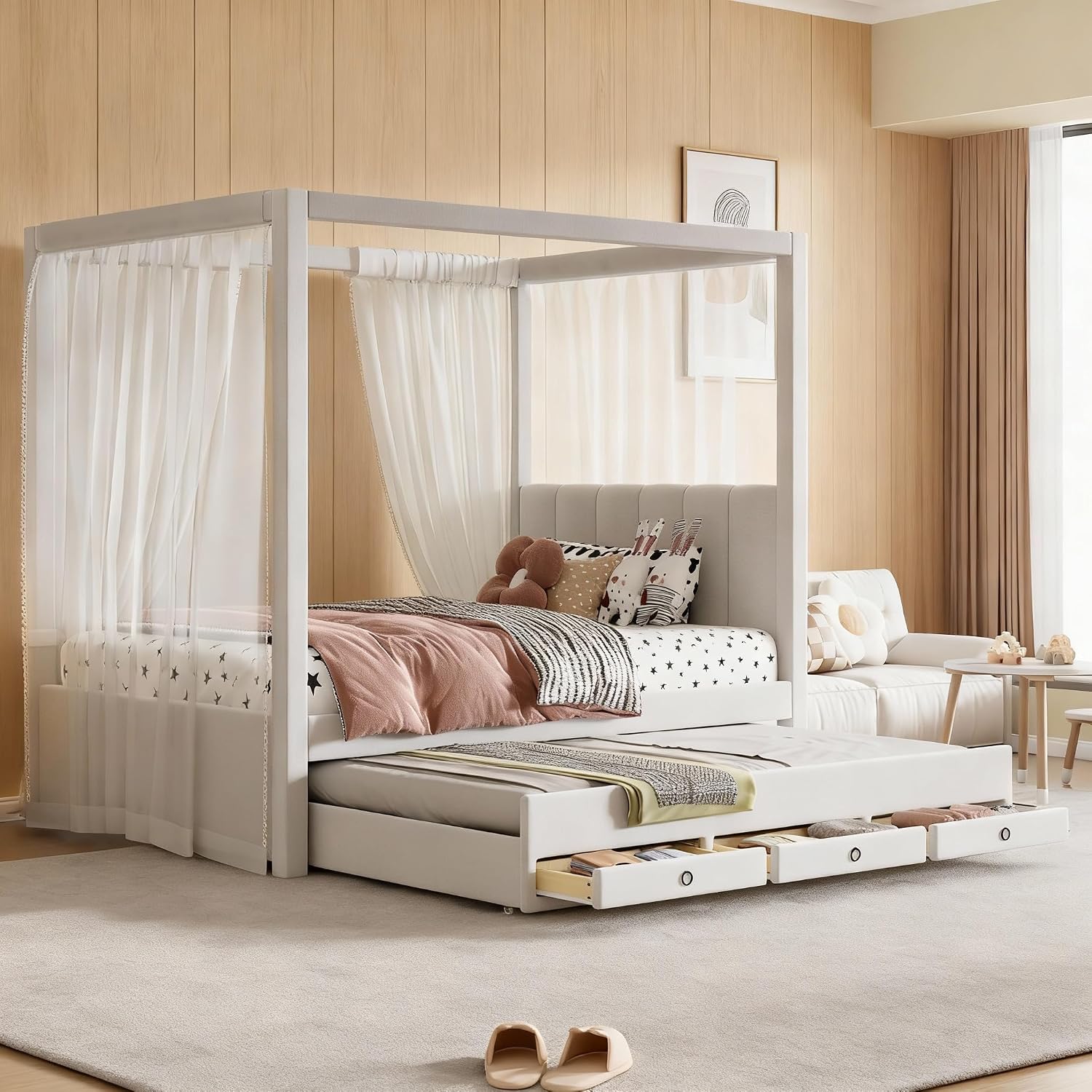 Modern Twin Size Upholstery Canopy Platform Bed with Trundle and 3 Storage Drawers, Twin Size Linen Storage Platform Bed with Backrest and Wood Slat Support for Kids and Teens (Beige, Twin)