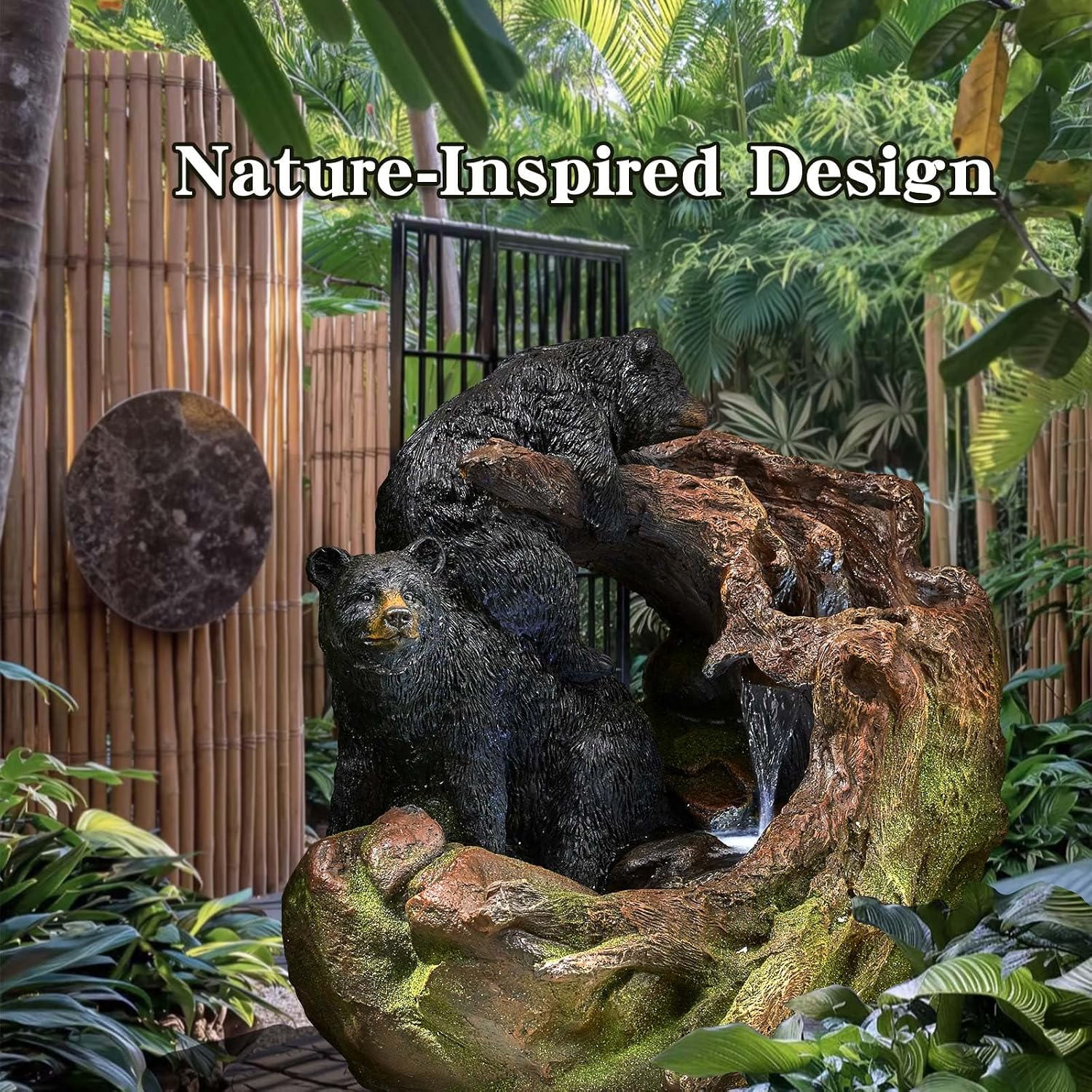 Outdoor Fountain with LED Lights – Bear Water Feature for Garden, Patio, Yard, or Porch – Durable Polyresin Animal Waterfall Decor – Rustic Brown & Black Finish