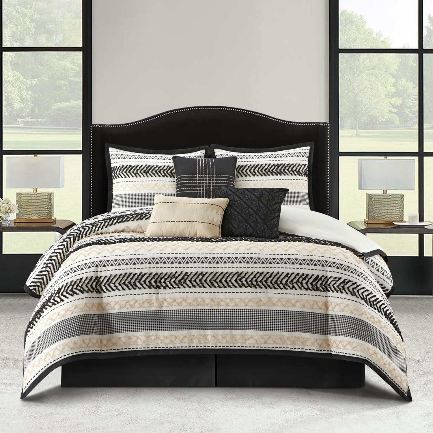 Startford Park Striped California King Comforter Set, 7 Piece,Black & Gold, Jacquard & Clip Geometric All Season Premium Bedding Set, Bedskirt, Pillows & Shams