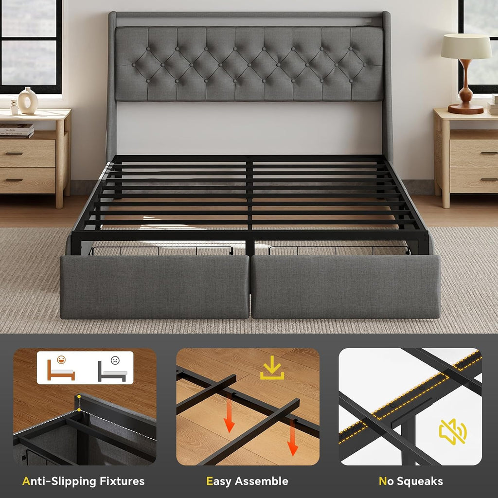 SADENICEL Queen Bed Frame with Storage Headboard and 2 Drawer, Metal Queen Size Bed Frame Platform with LED Light, Charging Station, No Box Spring Needed, Noise Free, Easy Assembly, Grey