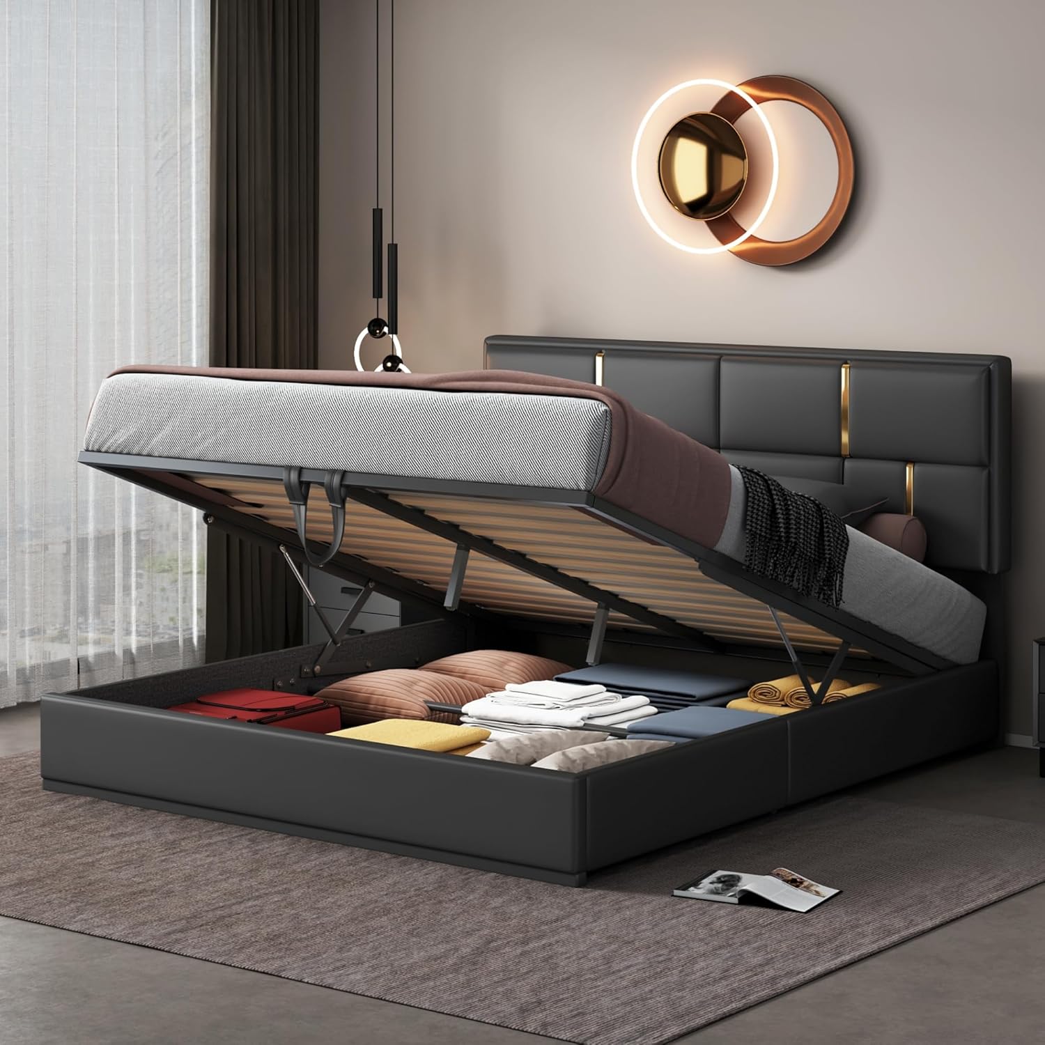 Queen Size Lift Up Storage Bed Frame, PU Leather Upholstered Platform Bed with Hydraulic Storage System and Wooden Slats Support, No Box Spring Needed - Black