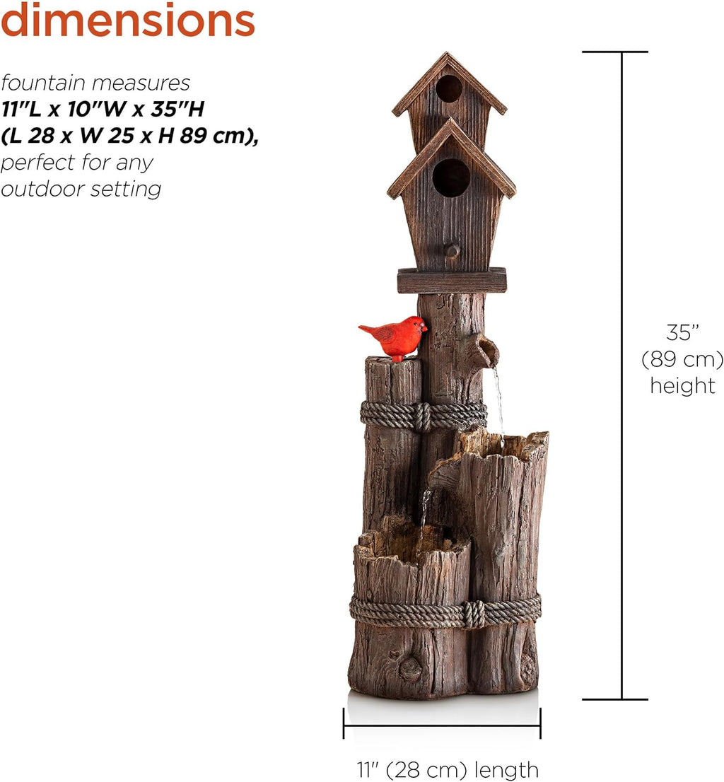 Alpine Corporation 35' Tall Outdoor 3-Tier Birdhouse Water Fountain with Cardinal Accent, Rustic Floor Decor for Garden and Patio, Brown