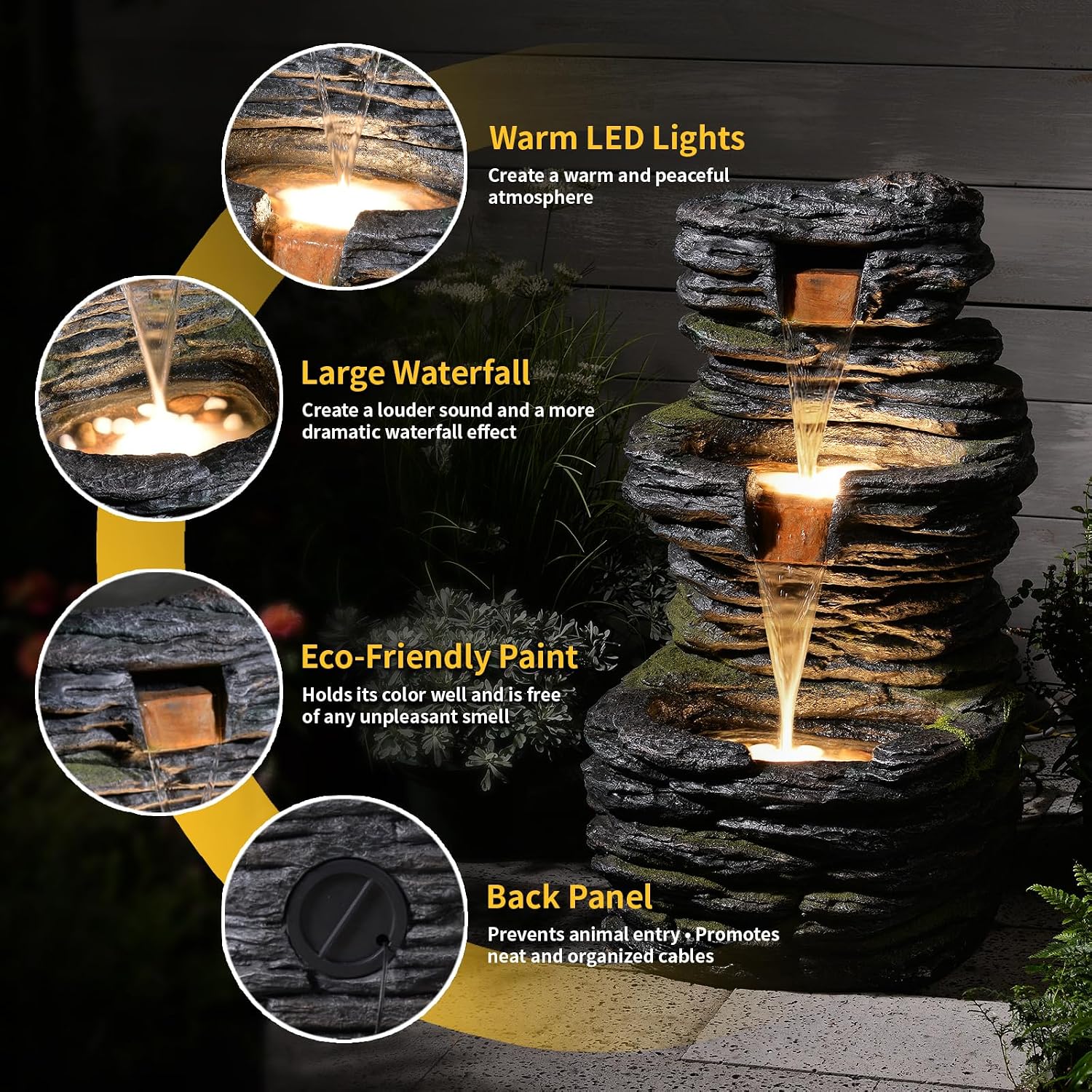 3 Tier Cascading Rock Water Fountain Outdoor Garden,28.74' H Natural Look Outdoor Fountains and Waterfalls with LED Lights for Patio, Deck, Porch, Backyard, Outside and Indoor Home Decor