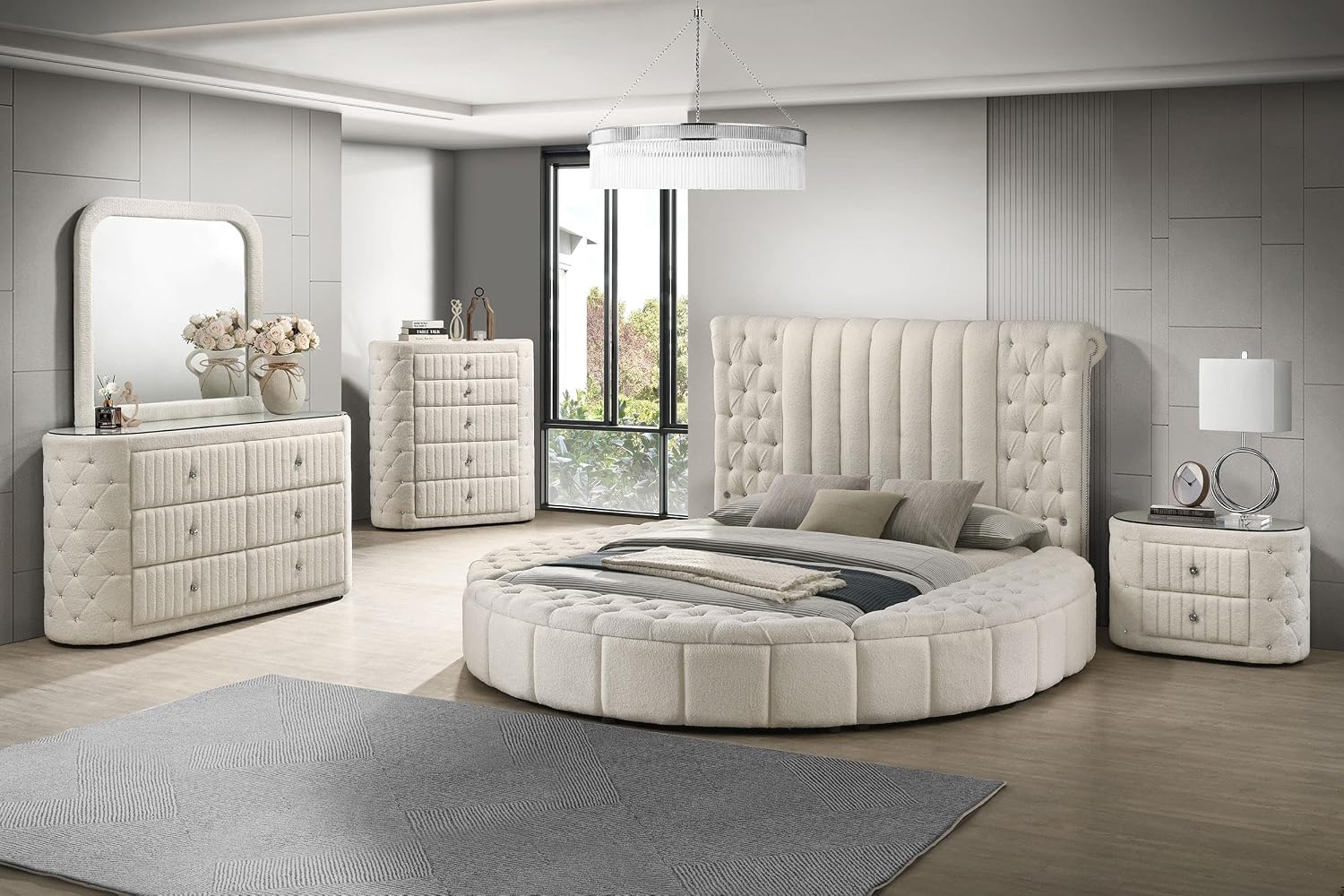Coaster Home Furnishings - Sonya - Wood - 5-Piece Bedroom Set with Round Bed, Scroll-Back Headboard, USB Ports and Modern Classic Style - Bedroom - Queen Size - Ivory - 360111Q-S5