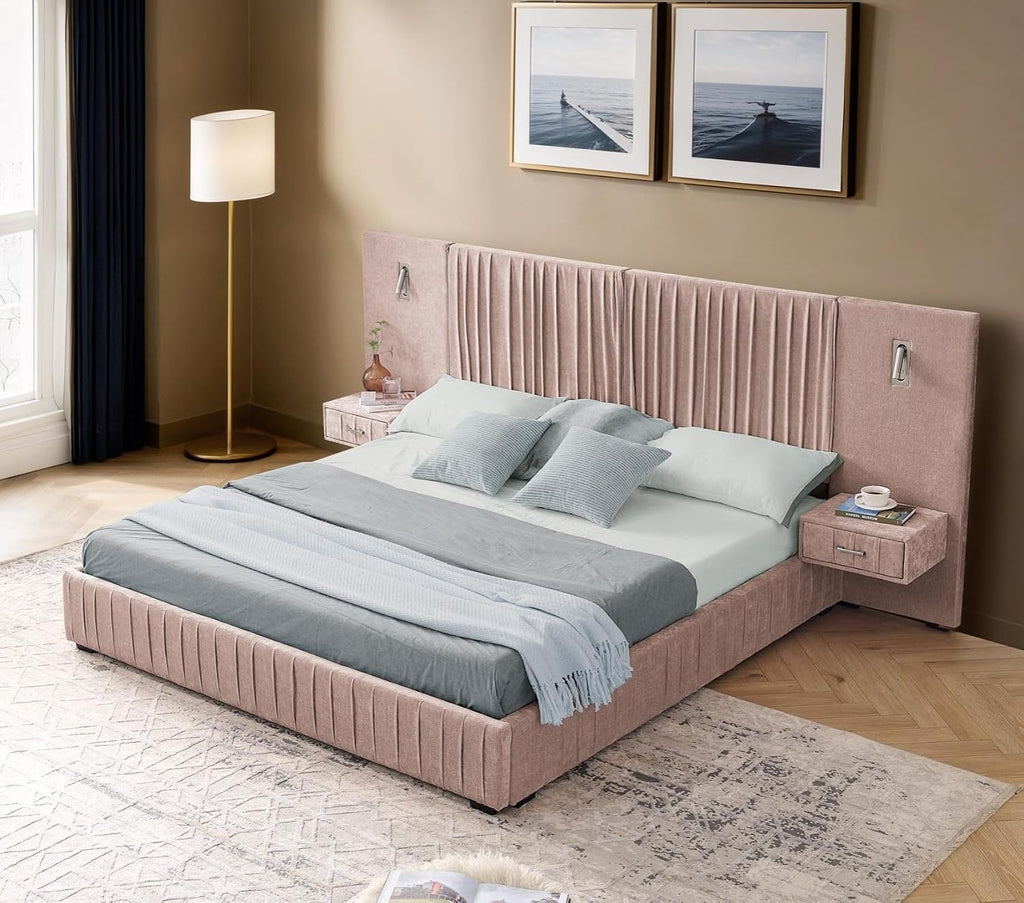KEIKI Queen Size Chenille Bed Frame with 2 Nightstands, Lamps & Oversize Headboard, Solid Wood Frame Platform Night Stand Bedroom Set, Upholstered Floor Grounded Bed, No Box Spring Needed, Pink