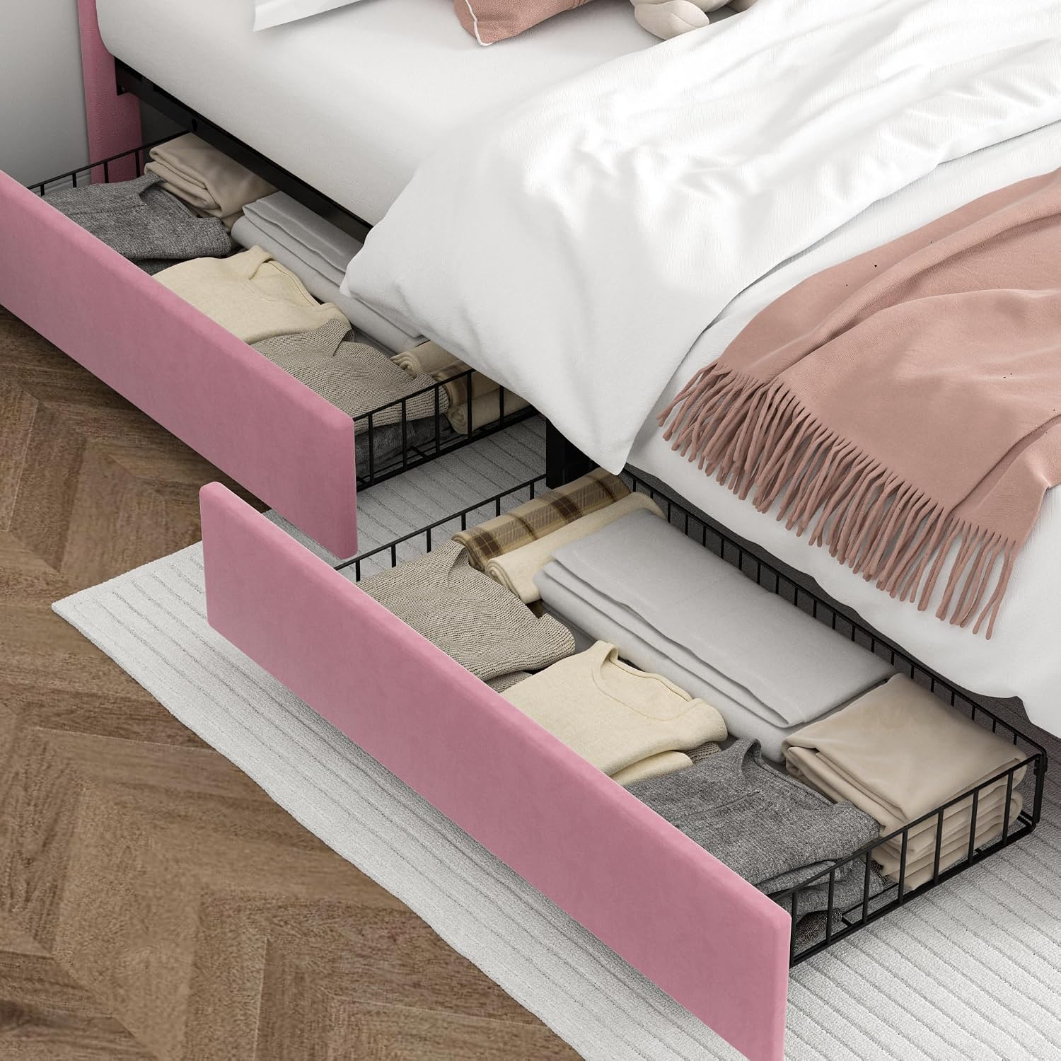 VECELO Queen Upholstered Platform Bed Frame with 4 Storage Drawers,Velvet Vintage Queen Bed with Nailhead Trim,Tufted Height Adjustable Headboard,Wooden Slats/No Box Spring Needed/Easy Assembly