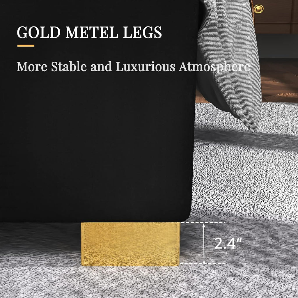 Albott Queen Size Platform Bed Frame, 61.4' Velvet Upholstered Bed with Gold Trim Headboard/Wooden Slats/No Box Spring Needed/Black