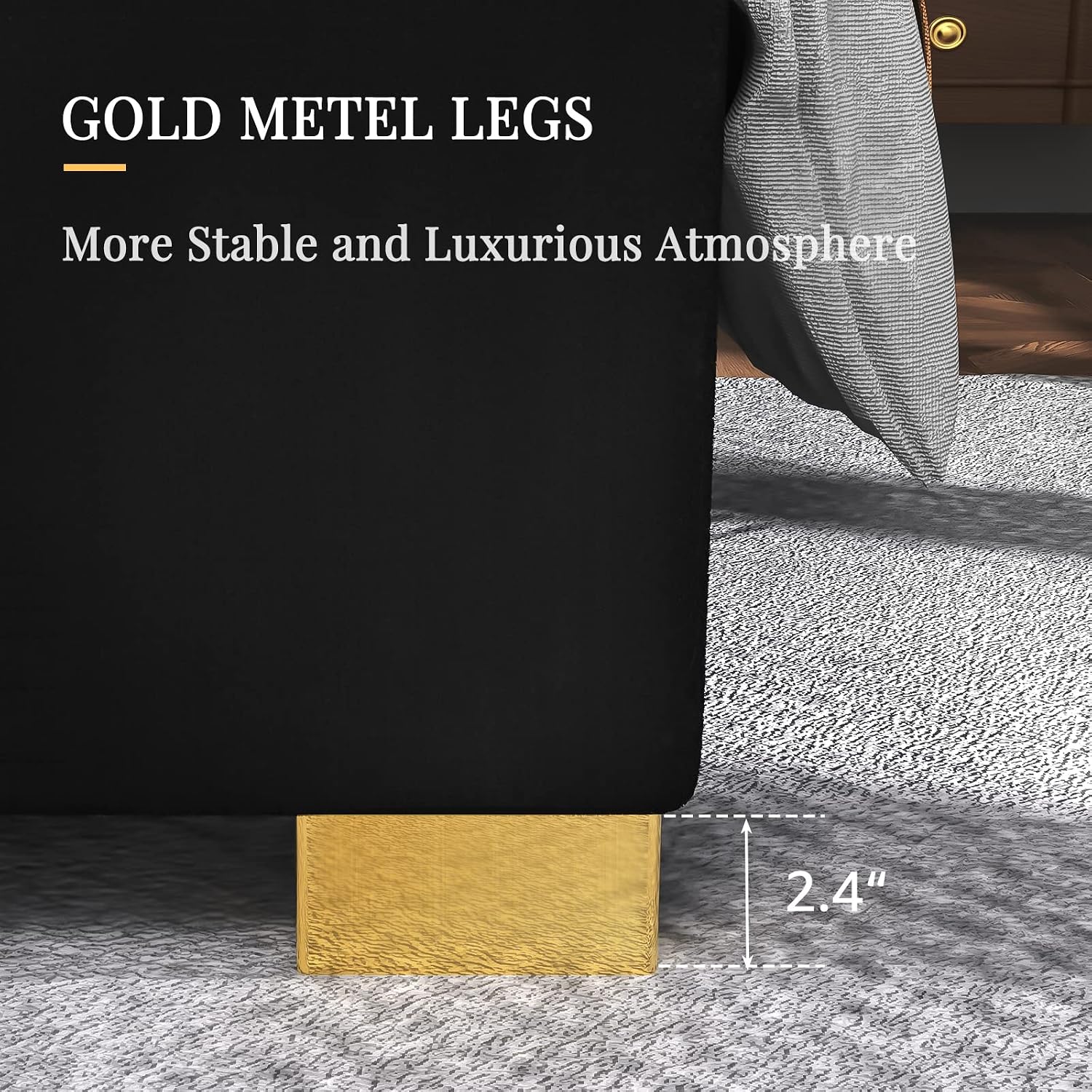 Albott Queen Size Platform Bed Frame, 61.4' Velvet Upholstered Bed with Gold Trim Headboard/Wooden Slats/No Box Spring Needed/Black