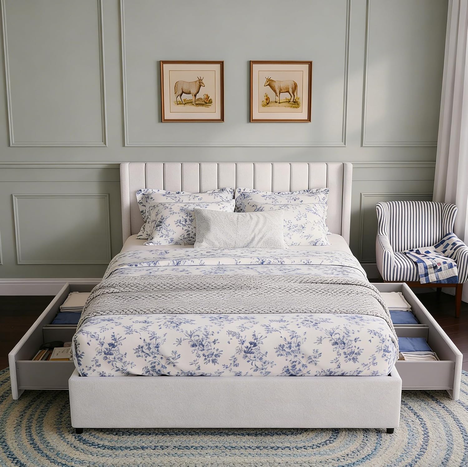 Queen Size Storage Bed Frame with 4 Drawers, Ivory Boucle Upholstered Platform Bed, Vertical Channel Tufted Headboard, Metal Frame Support, No Box Spring Needed | Dust-Proof Storage, High-Capacity Metal, Keyhole Pin Latch, Quick-Setup Tooling