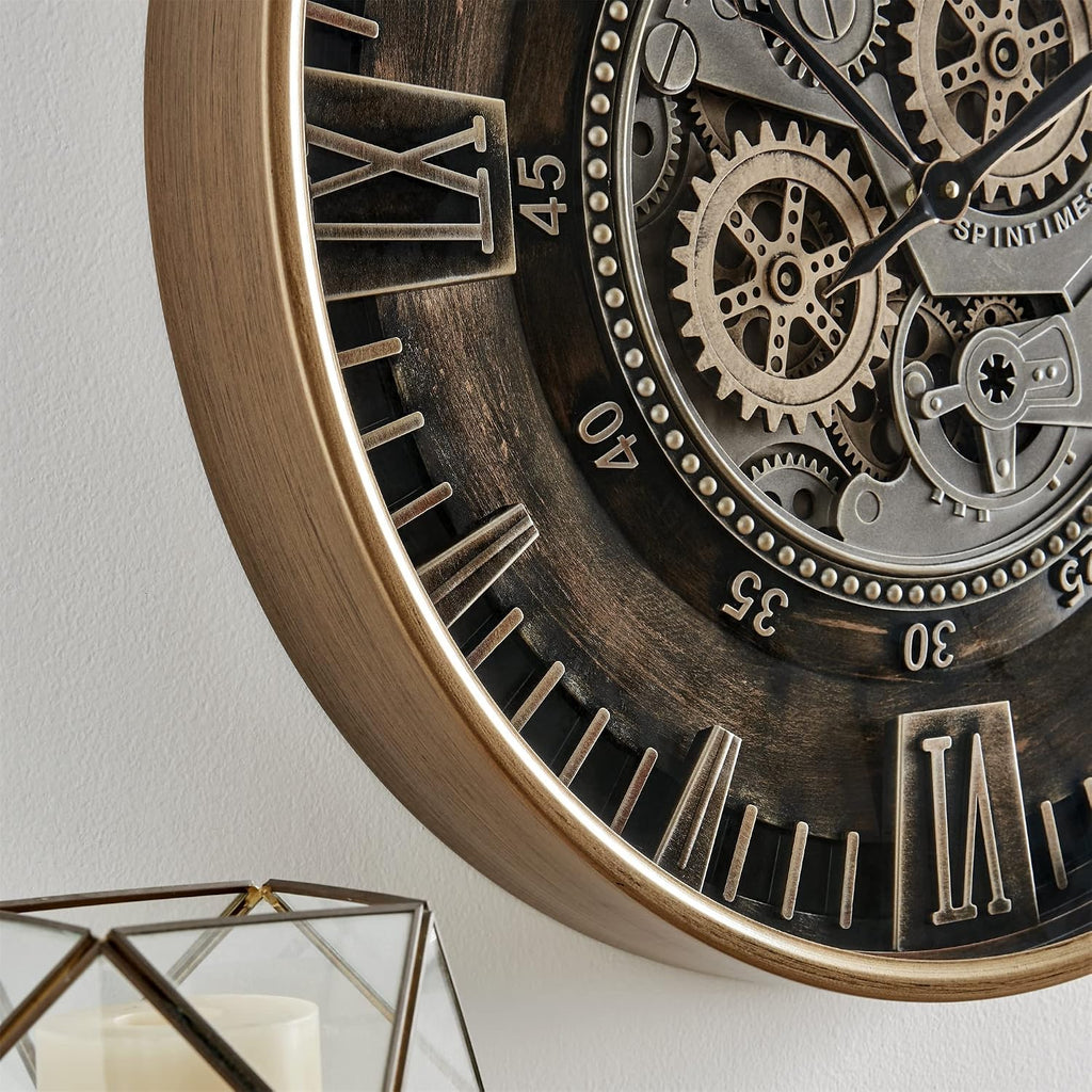 CLXEAST 24 Inch Large Moving Gear Wall Clock for Farmhouse Living Room Decor,Vintage Industrial Bronze Gold Metal Wall Clock for Home Office,House Warming Gifts New Home