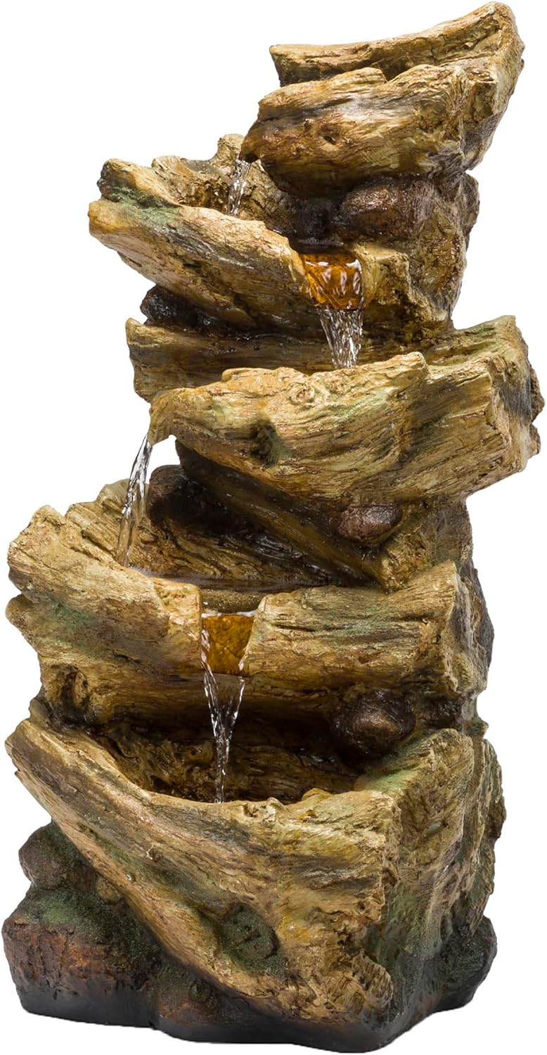 Alpine Corporation TZL226 Outdoor 4 Tier Log Tree Trunk Waterfall Floor Fountain with LED Lights, Tiered Garden Décor, 24' H, Brown