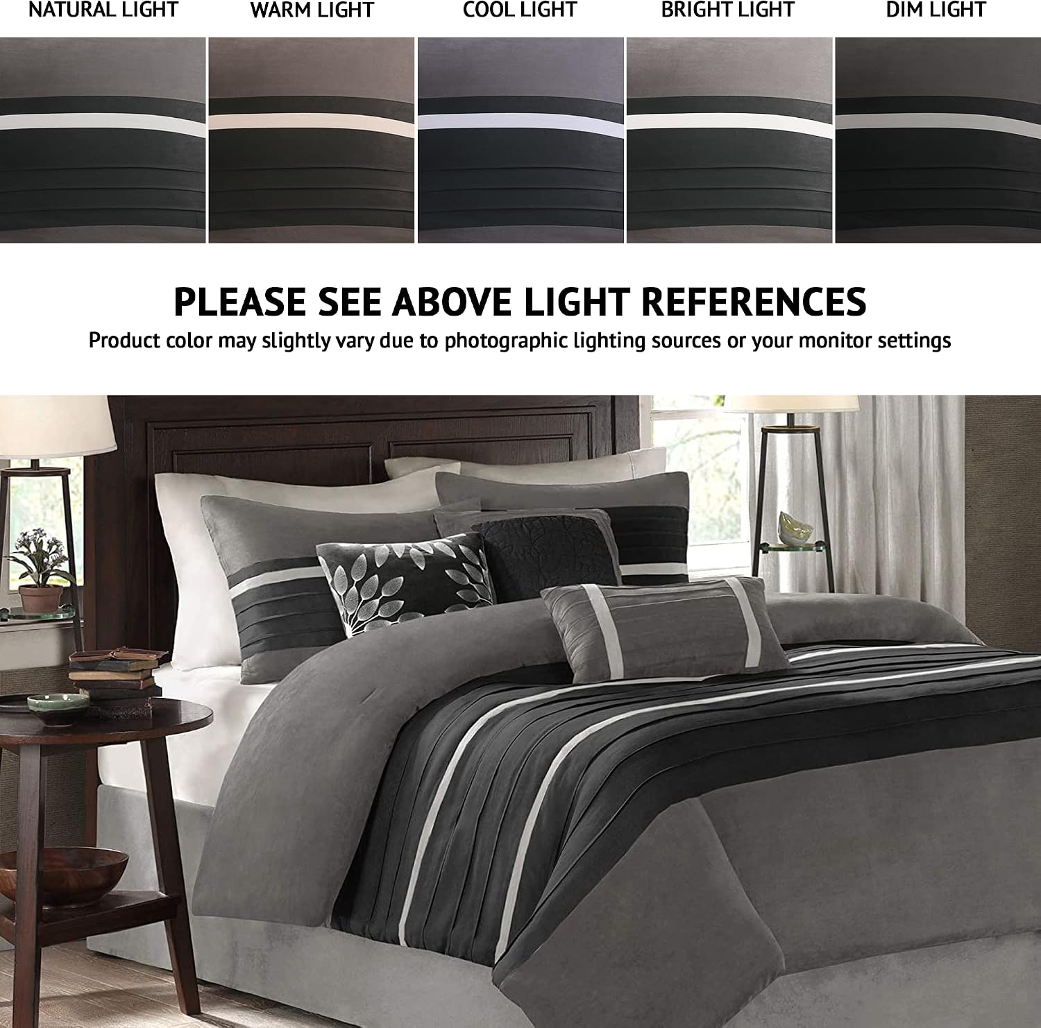 Madison Park Palmer Comforter Set - Faux Suede Design, Striped Accent, All Season Down Alternative Bedding, Matching Shams, Decorative Pillow, Bed Skirt, King (104 in x 92 in), Black 7 Piece