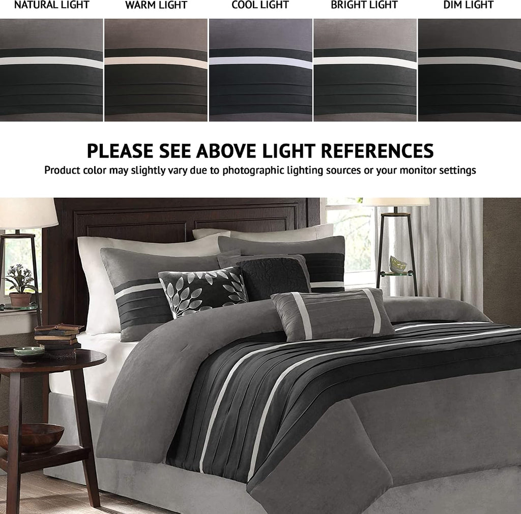 Madison Park - Palmer 7 Piece Comforter Set - Black and Gray - California King - Pieced Microsuede - Includes 1 Comforter, 3 Decorative Pillows, 1 Bed Skirt, 2 Shams