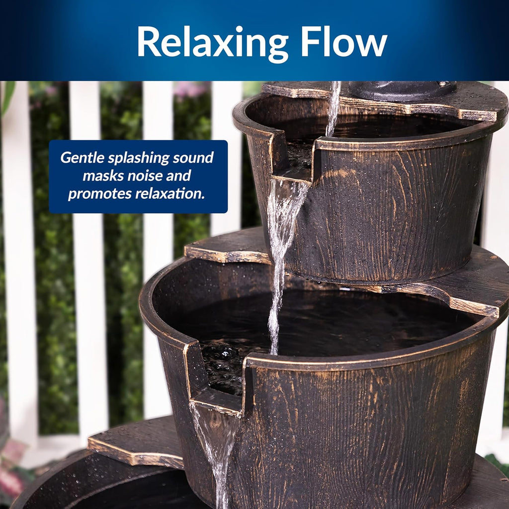 Alpine Corporation 40' Tall Outdoor Floor Tiered Rustic Pump and Barrel Water Fountain, Old-Fashioned Waterfall for Garden, Patio, Yard Decor, Dark Brown
