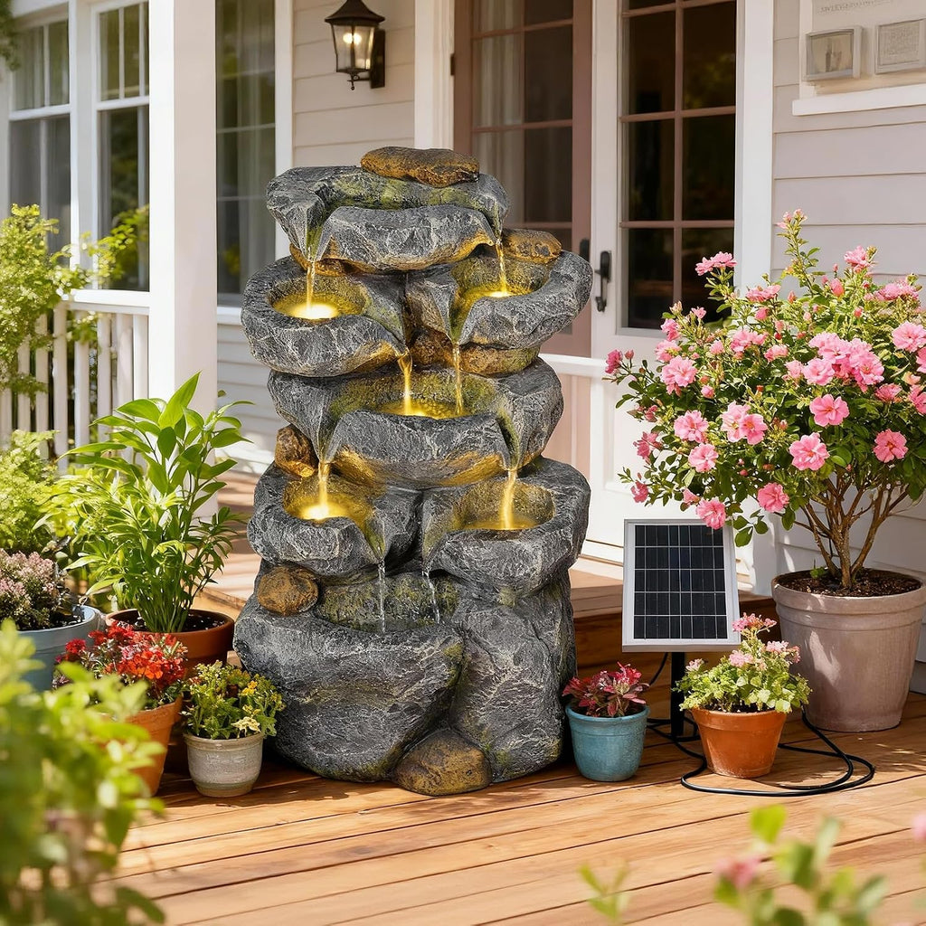 Solar Water Fountain Outdoor Garden, 24' H Cascading Stone Design 5 Tier Rock Feature Outdoor Fountains Waterfalls with Light, Pump Solar Panel for Patio, Deck, Porch, Backyard Home Décor