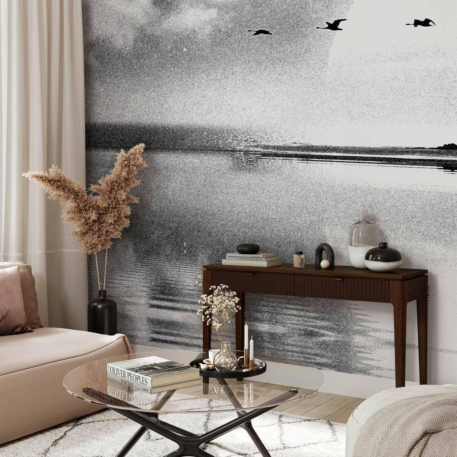 artgeist Premium Wall Mural Landscape Lake 157x110 in - Non-Woven Wallpaper Fleece Wall Decor Photo Print Picture Image Design Concrete Bird Nature Grey Like Painted c-C-10025-a-a