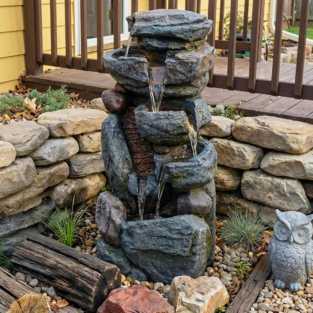 Rock Waterfall Fountain Outdoor, 31.5' Tall Resin Garden Water Feature, Cascading Stone Outdoor Fountain for Backyard Patio Yard Décor, Garden Water Fountain