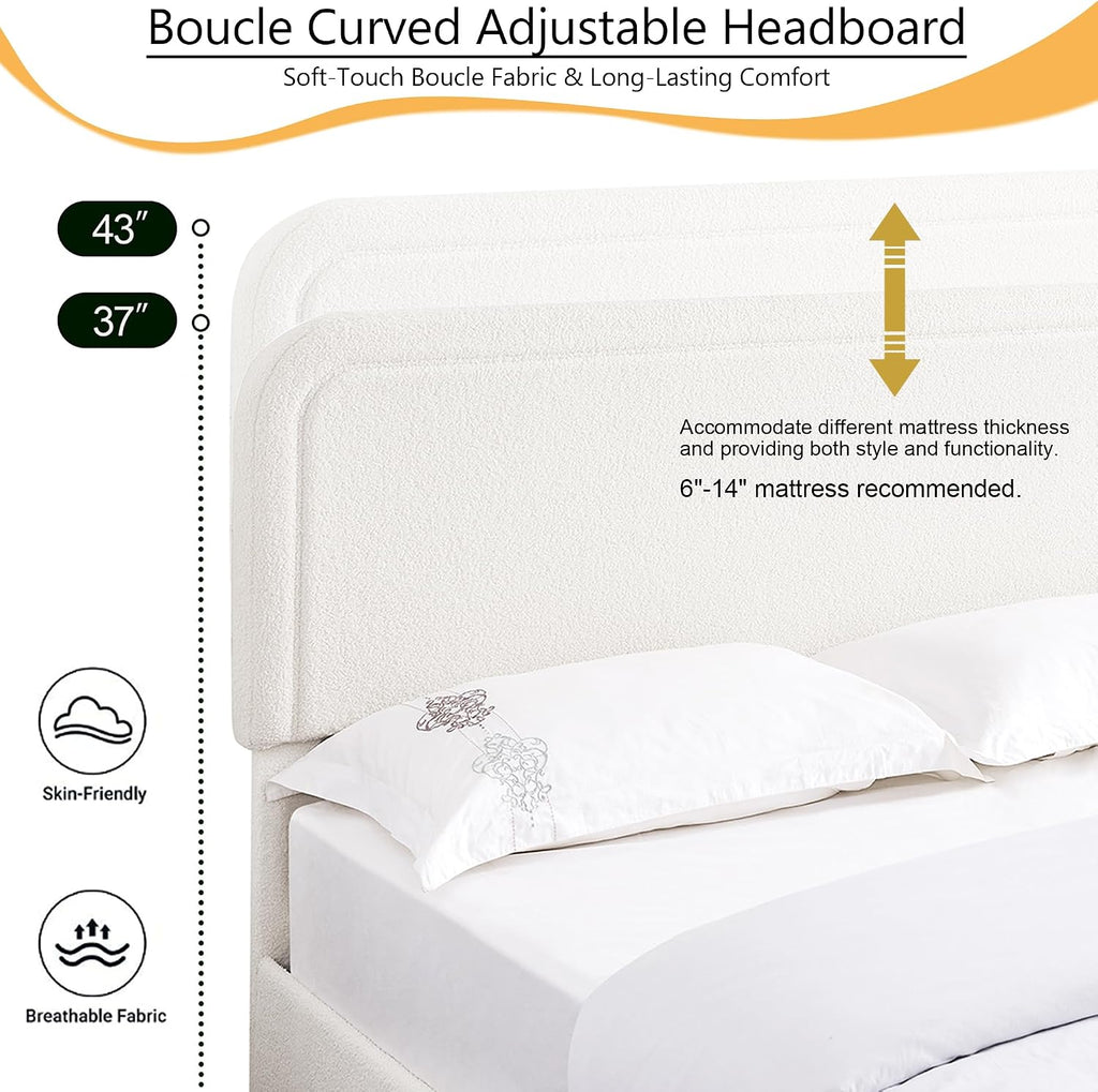 Queen Size Ivory Boucle Upholstered Platform Bed Frame with 4 Storage Drawers, Adjustable Curved Tufted Headboard, Heavy Duty Metal Frame (Boucle, Curved Headboard, Ivory, 4 Drawers)