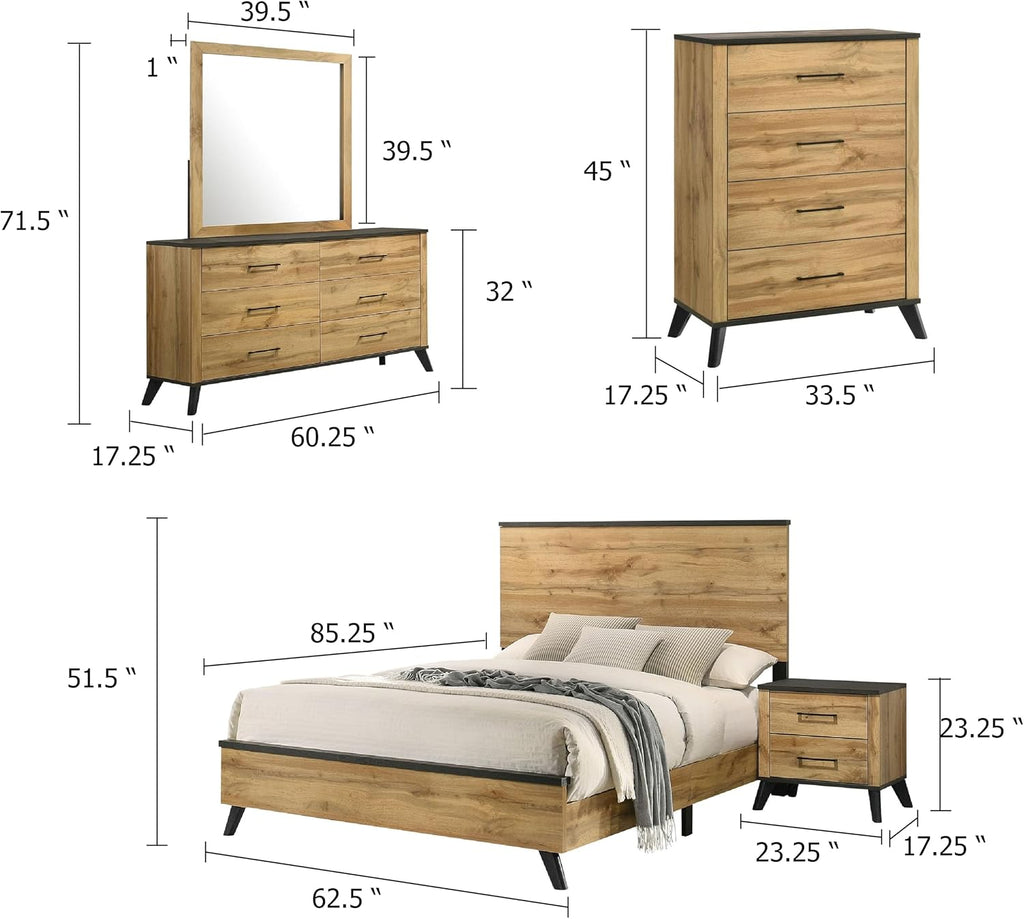 Benzara Wemy 5 Piece Queen Size Bed Set, Rustic Brown Pine Wood, Tapered Legs