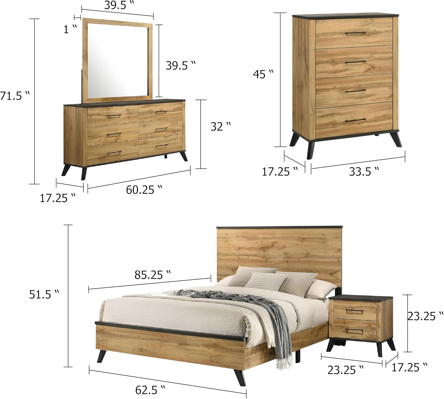 Benzara Wemy 5 Piece Queen Size Bed Set, Rustic Brown Pine Wood, Tapered Legs