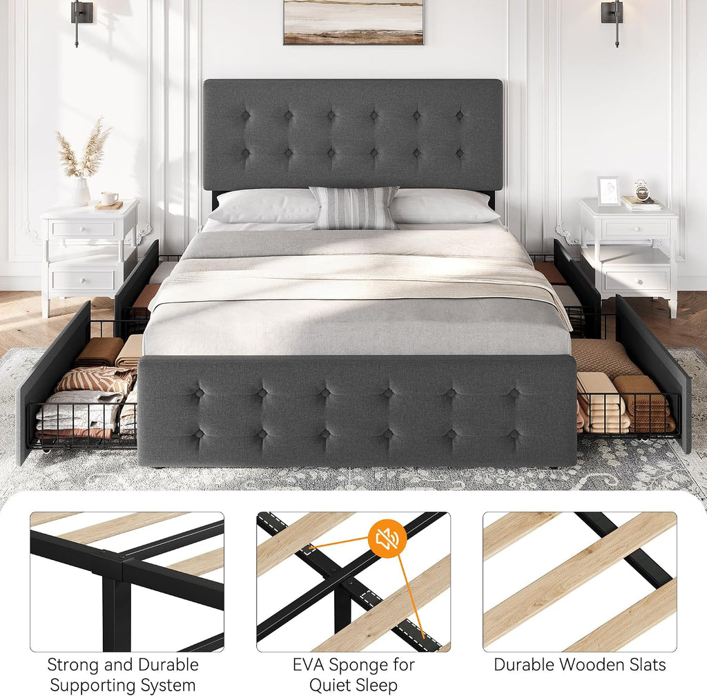 IDEALHOUSE Queen Size Bed Frame with 4 Storage Drawers and Headboard, Linen Upholstered Platform Bed Frame with Wooden Slats Support, Button Tufted Design, No Box Spring Needed, Dark Grey