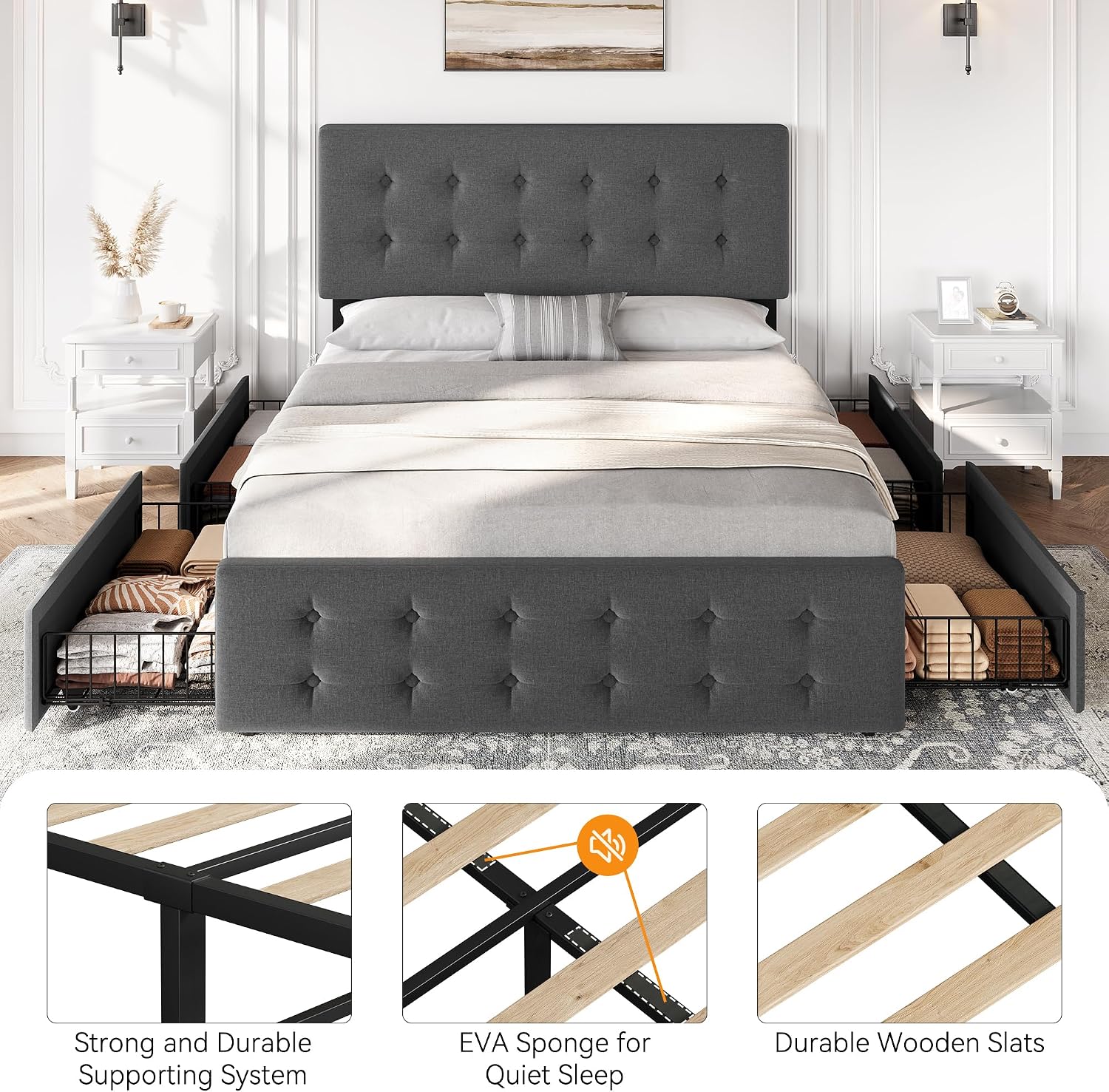 IDEALHOUSE Queen Size Bed Frame with 4 Storage Drawers and Headboard, Linen Upholstered Platform Bed Frame with Wooden Slats Support, Button Tufted Design, No Box Spring Needed, Dark Grey