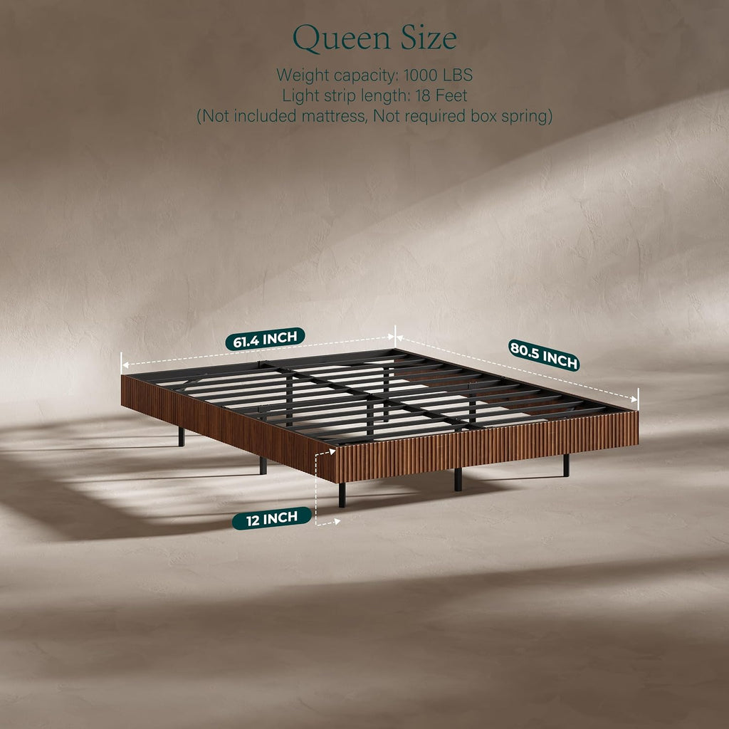 Evermagin Walnut Queen Floating Bed Frame with led Lights, Fluted 12In High Platform Bed No Headboard, Mid Century Modern Float Metal Bedframe, No Box Spring Needed (Walnut, Queen-12in high)