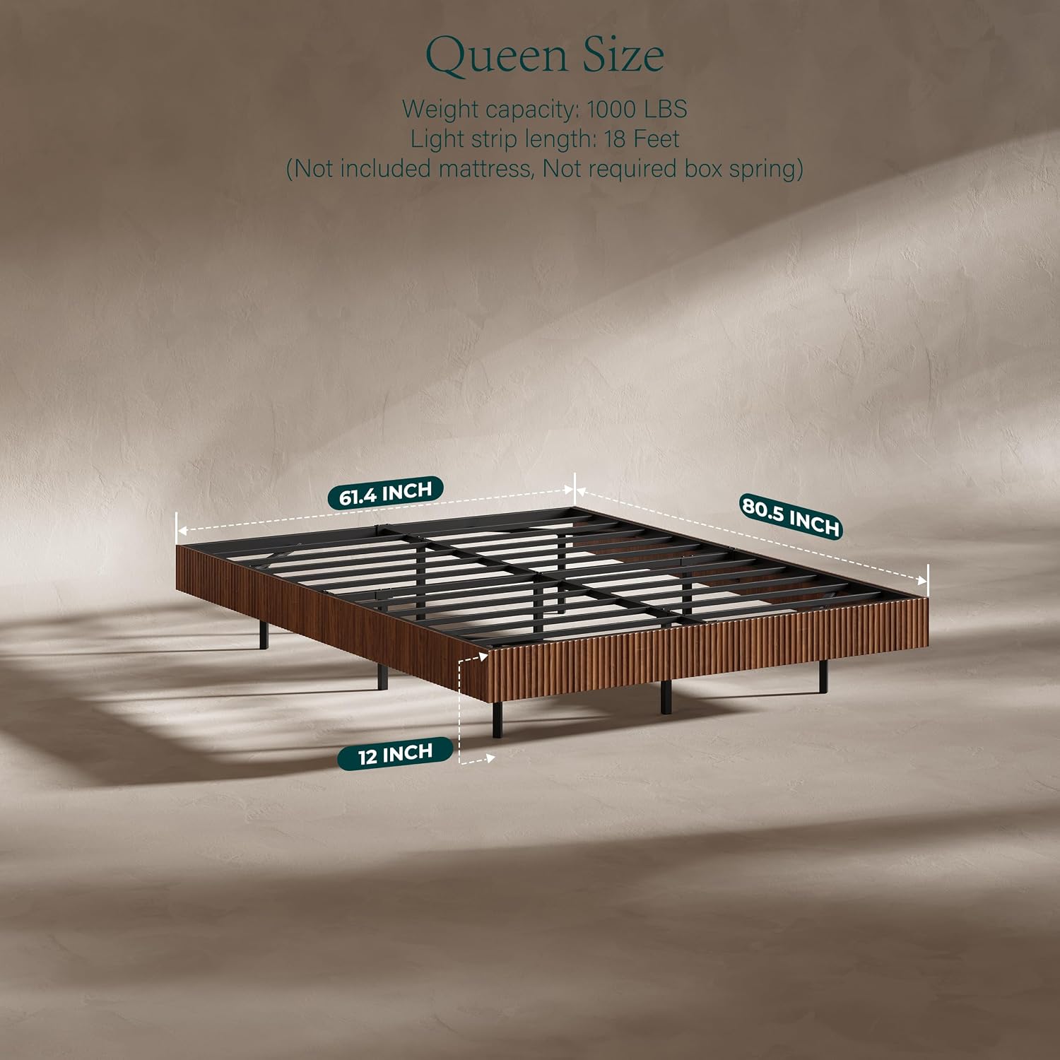 Evermagin Walnut Queen Floating Bed Frame with led Lights, Fluted 12In High Platform Bed No Headboard, Mid Century Modern Float Metal Bedframe, No Box Spring Needed (Walnut, Queen-12in high)