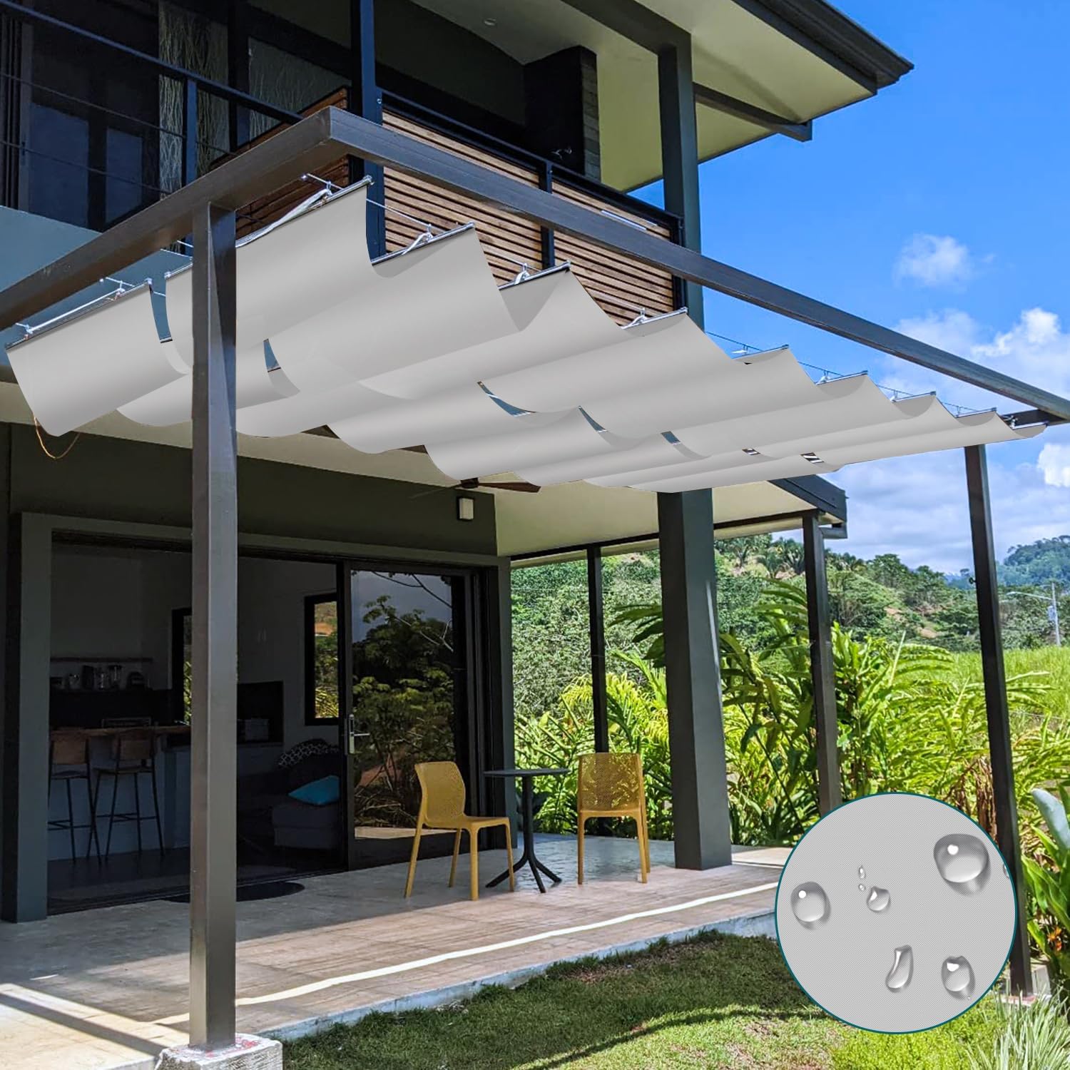 TANG 4' x 16' Waterproof Pergola Shade Cover Retractable Sun Shades Outdoor Patio Pergolas Canopy Replacement Pergola Kit, Wave Shade Sail with Hardware Wire Cable, Light Grey
