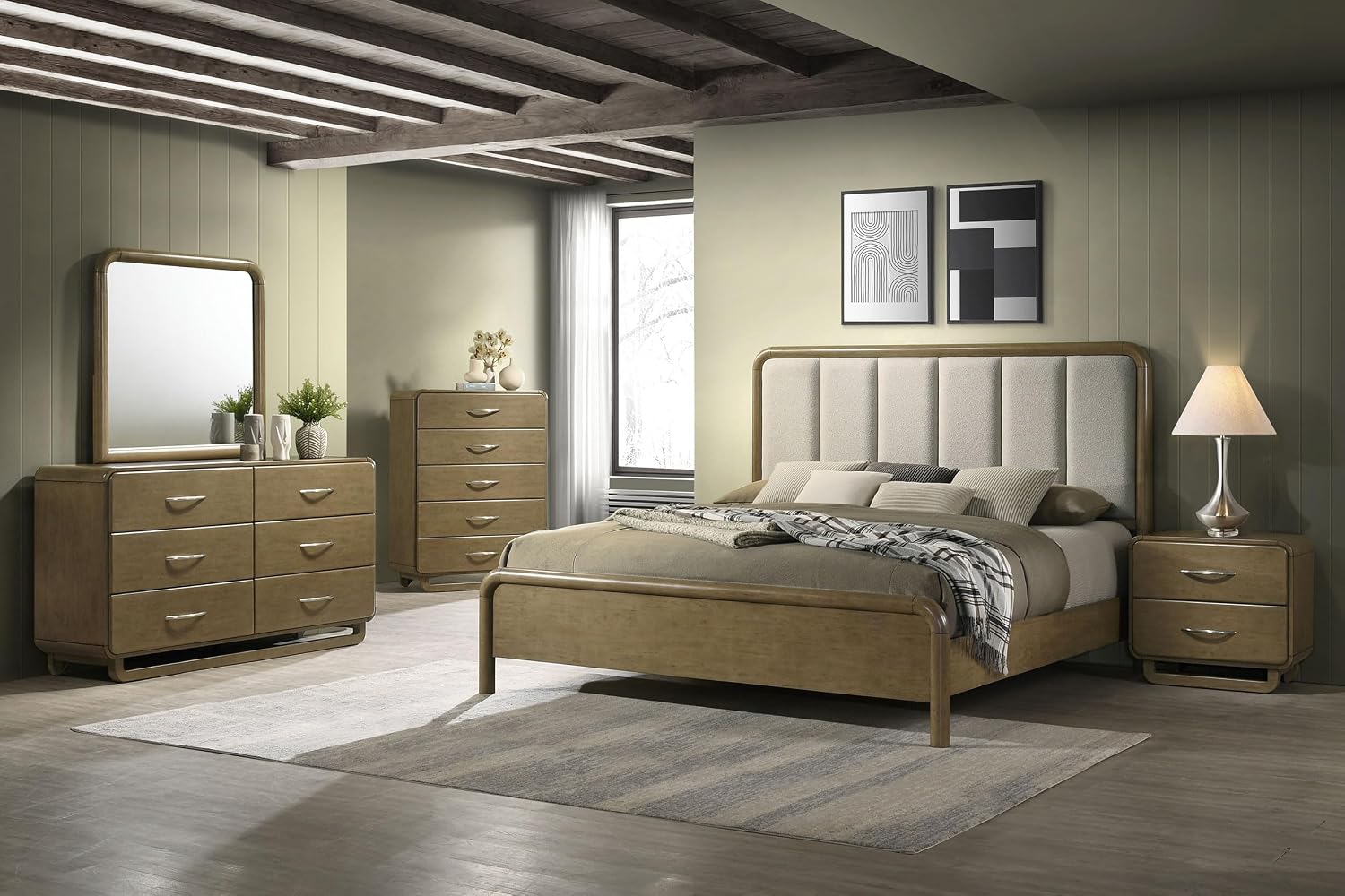Coaster Home Furnishings Amsbury Transitional 5-Piece Bedroom Set Boucle Upholstered Queen Size Panel Bed Frame 59-inch Headboard Nutmeg 224271Q-S5
