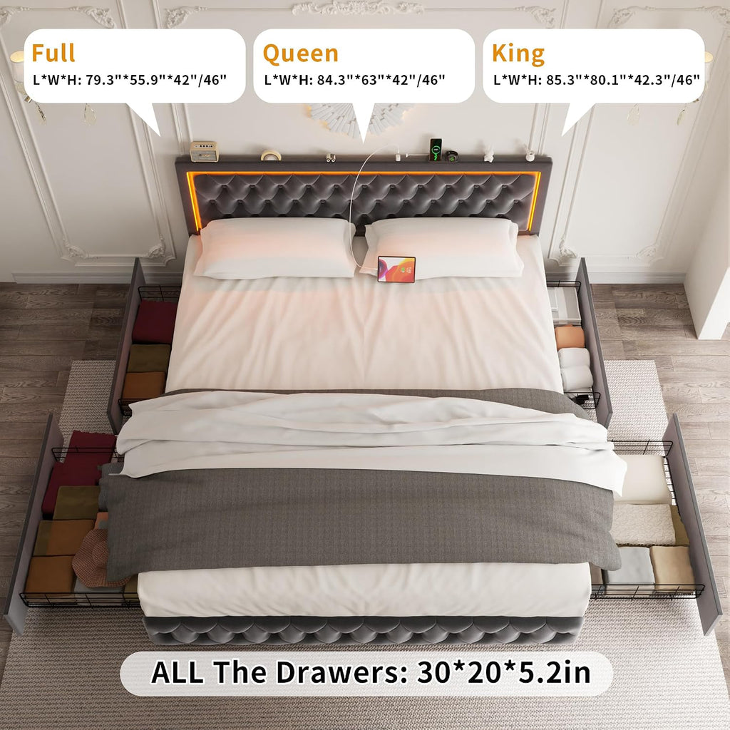 Full Bed Frame with 4 Storage Drawers, Velvet Upholstered Bed Frame Full Size with Charging Station and LED Lights, 46' Adjustable Button Tufted Headboard, No Box Spring Needed, Grey