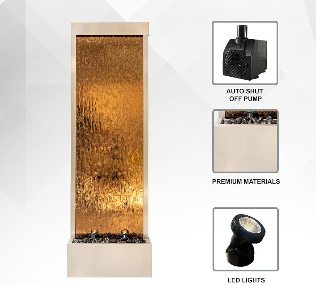XBrand 68' H Freestanding Modern Waterfall Fountain, Aluminum & Clear Glass, LED Lights, Decorative Rocks, Auto Shut-Off Pump, Indoor/Outdoor, Bronze