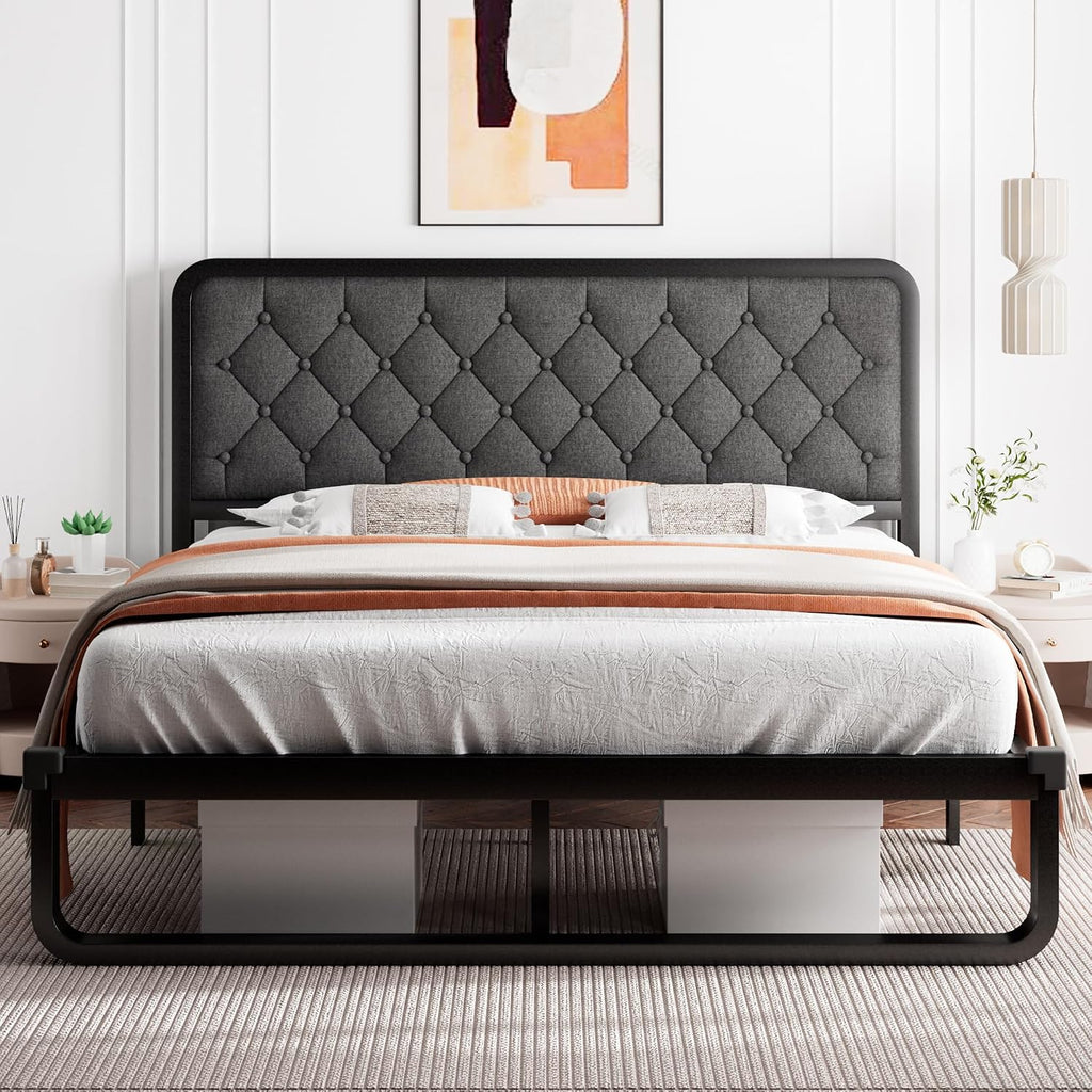 iPormis Queen Bed Frame with Headboard Faux Leather Upholstered Bed Frame Platform, All Metal Slats Support Platform Bed Frame with 12' Under Bed Space, Noise Free, No Box Spring Needed, Dark Grey