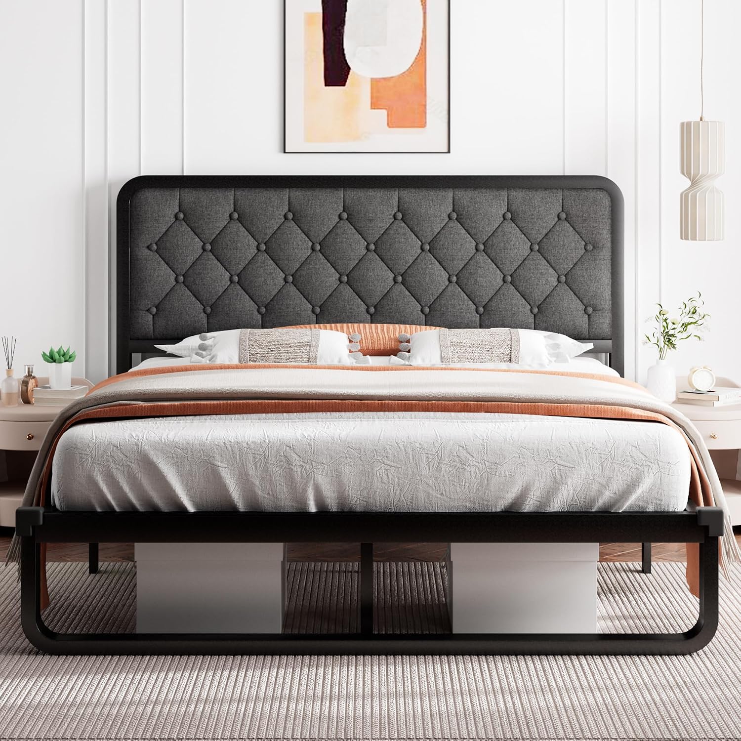 iPormis Queen Bed Frame with Headboard Faux Leather Upholstered Bed Frame Platform, All Metal Slats Support Platform Bed Frame with 12' Under Bed Space, Noise Free, No Box Spring Needed, Dark Grey