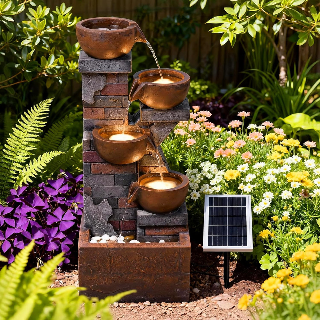 5 Tiers Solar Outdoor Water Fountain - 33.5' H Shape K Indoor Waterfall Fountain with LED Lights for Patio, Balconies, Lawns, Deck, Porch Backyard and Home Art Decor