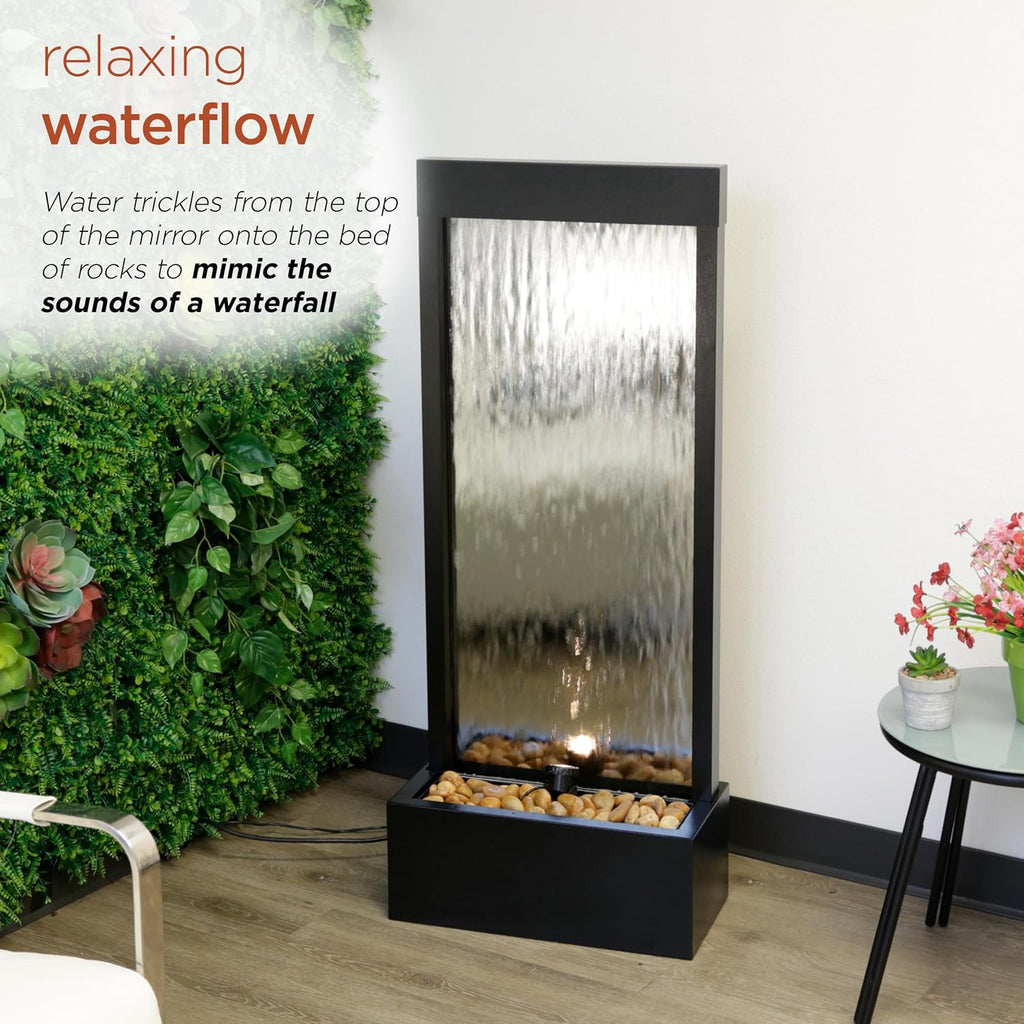 Alpine Corporation - Mirror Waterfall Fountain with Stones & Lights - Zen Indoor/Outdoor Decor for Office, Living Room, Patio, Entryway - 48 Inches (Silver)