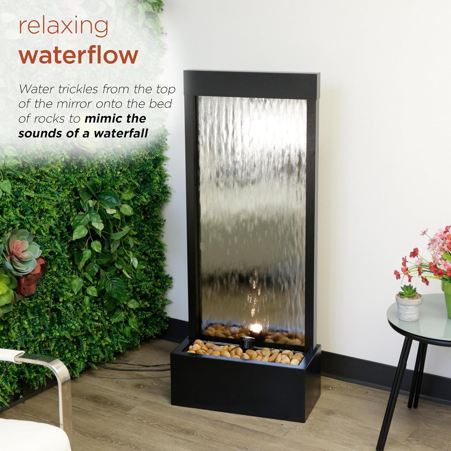 Alpine Corporation - Mirror Waterfall Fountain with Stones & Lights - Zen Indoor/Outdoor Decor for Office, Living Room, Patio, Entryway - 48 Inches (Silver)