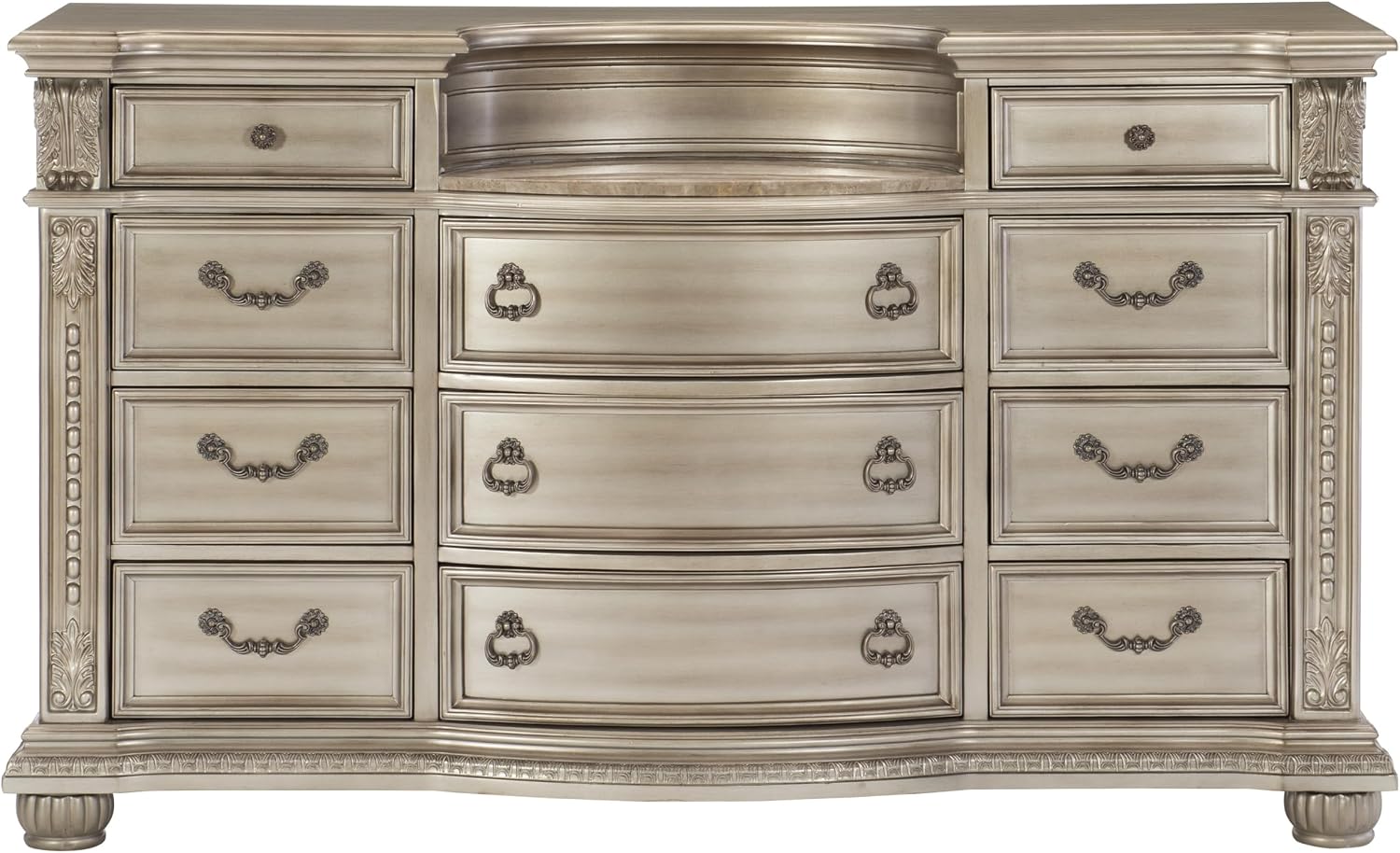Traditional Classic 5 Pieces Cal-King Size Set Silver Finish Faux Leather Upholstered Bed Classic Design Marble Top Formal Bedroom Furniture