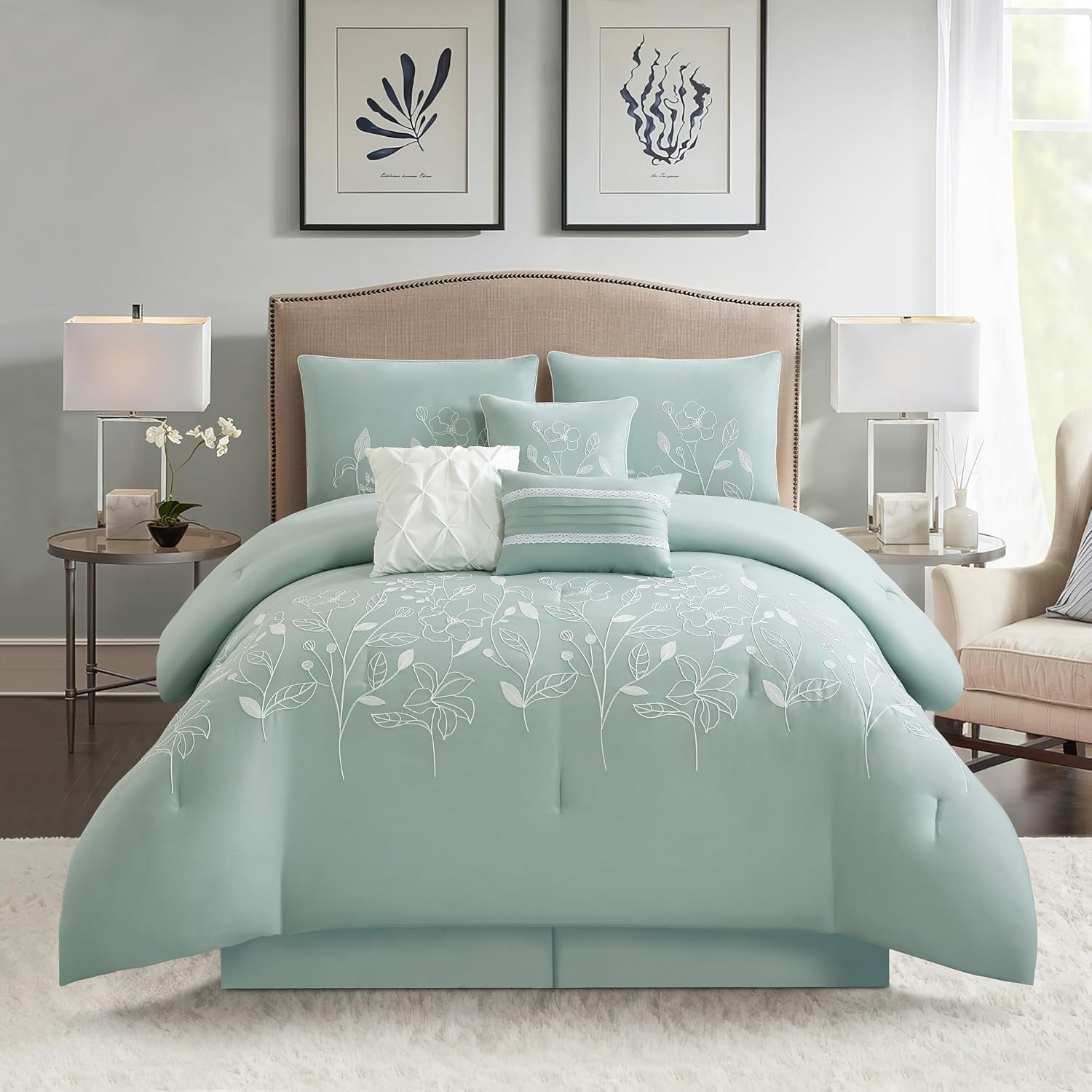 Stratford Park 7 Piece Green Comforter Set, Embroidery, Queen Size, Girls Bedding, All Season Bedding Set, Unique Pattern, Matching Decorative Pillows, Pillow Sham