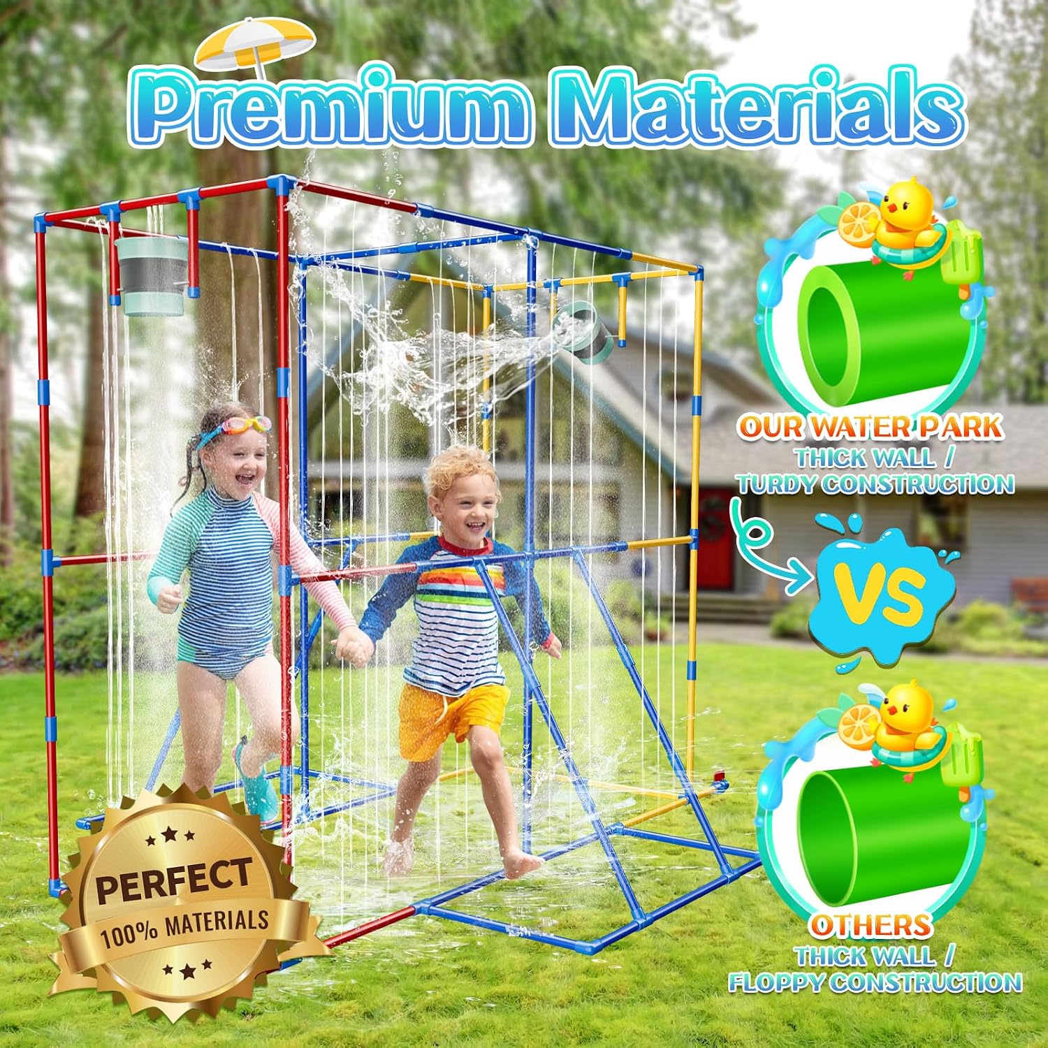 Kids Backyard Water Park Sprinkler Toy, Steady Water Sprinkler for Children, Summer Fun Waterpark Splash Outside Water Activities, Heavy Duty PVC Tubes