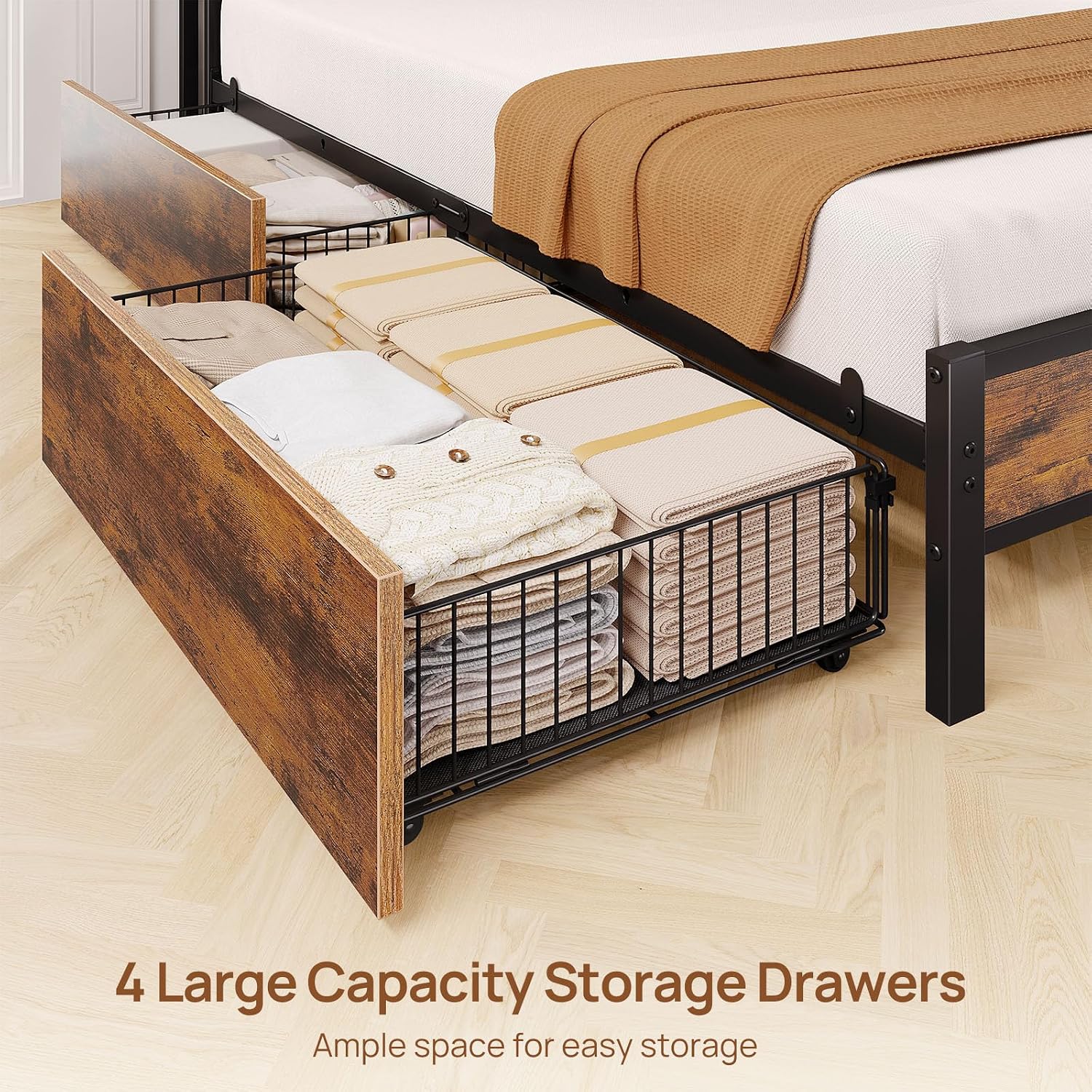 Rolanstar Bed Frame Queen Size with Charging Station and LED Lights, Upholstered Storage Headboard with Drawers, Heavy Duty Metal Slats, No Box Spring Needed, Easy Assembly, Rustic Brown