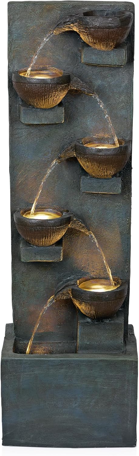 Alpine Corporation TZL364 39' 6-Tier Bowl Floor Fountain with Warm LED Lights, Outdoor Garden Waterfall, Decorative Water Feature for Patio, Backyard, and Lawn, Gray