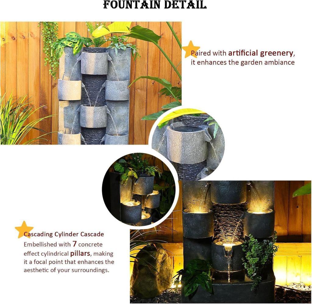 Tankana 45' H Outdoor Water Fountain Garden - Large Cascading Waterfall Freestanding Fountains Water Feature with Lights for Patio Backyard Deck Porch and Home Decor, Concrete Artistry Style, Gray